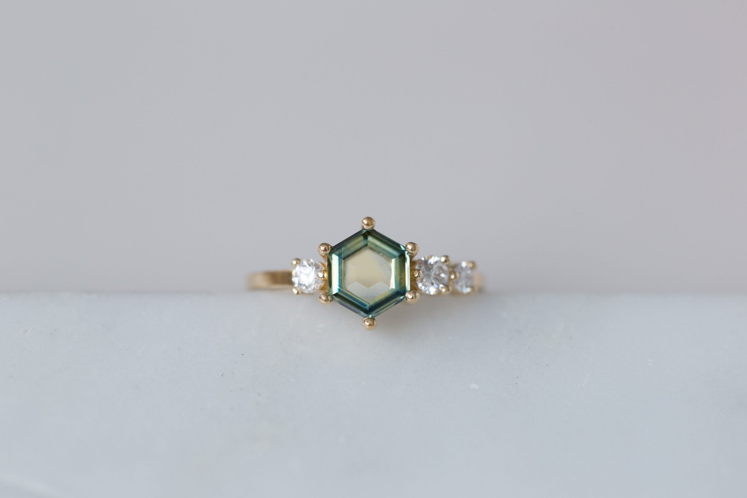 Portrait Cut Hexagon Montana Sapphire + Round Diamond Asymmetrical Engagement Ring | 14k Recycled Gold | One of a Kind