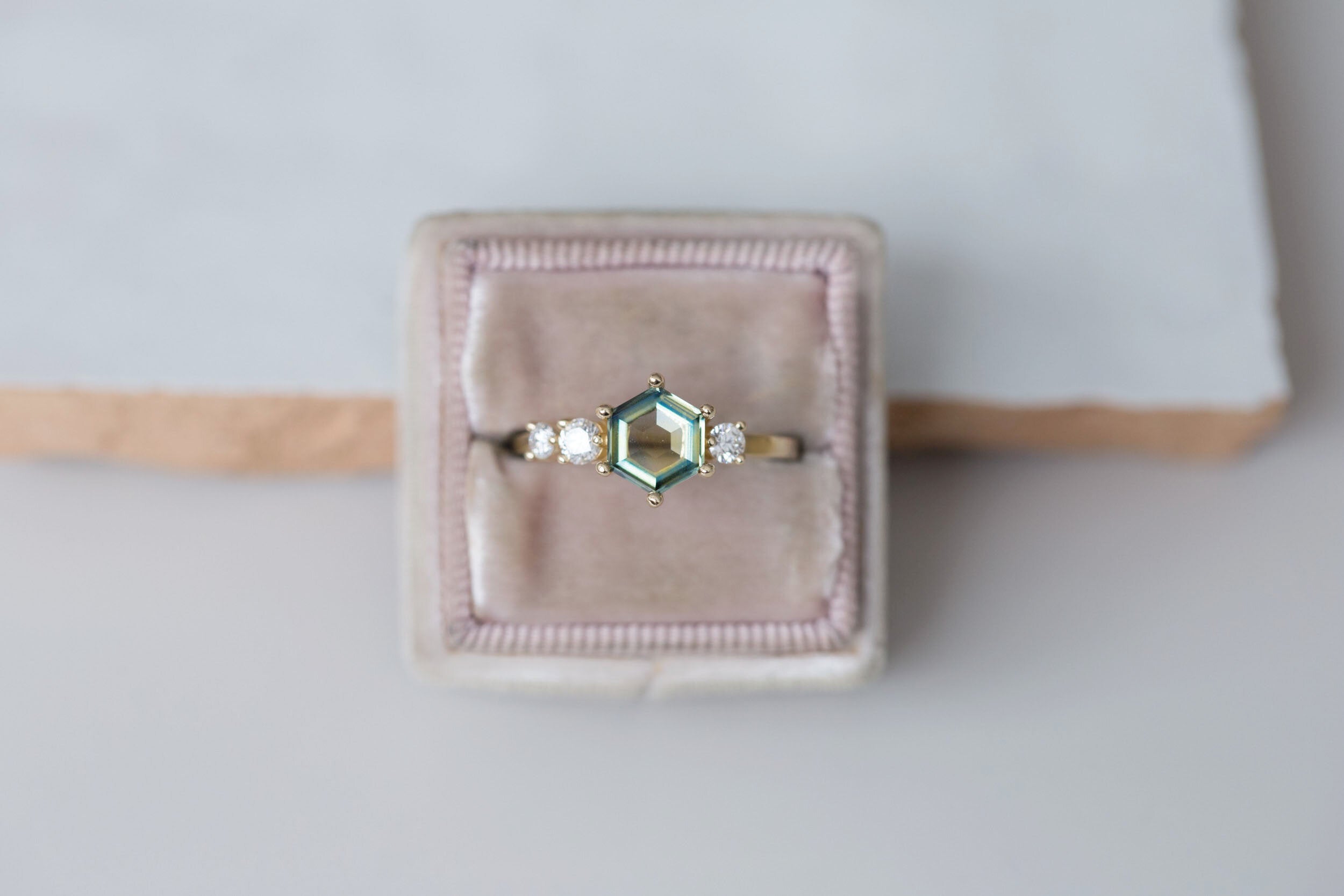 Portrait Cut Hexagon Montana Sapphire + Round Diamond Asymmetrical Engagement Ring | 14k Recycled Gold | One of a Kind