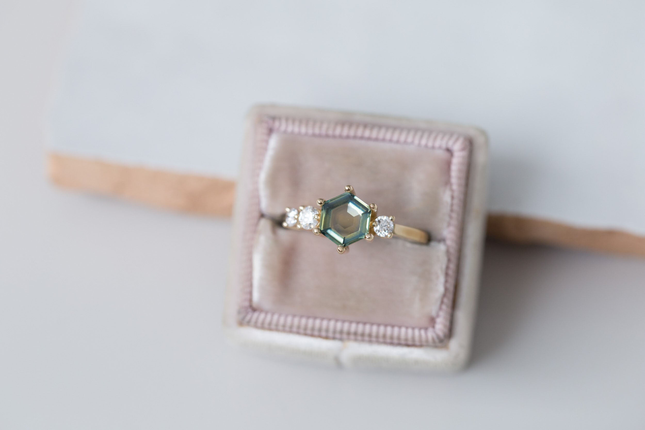 Portrait Cut Hexagon Montana Sapphire + Round Diamond Asymmetrical Engagement Ring | 14k Recycled Gold | One of a Kind