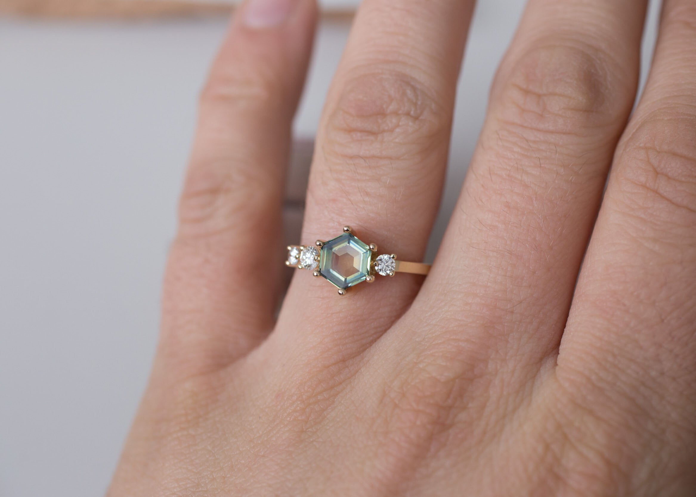 Portrait Cut Hexagon Montana Sapphire + Round Diamond Asymmetrical Engagement Ring | 14k Recycled Gold | One of a Kind