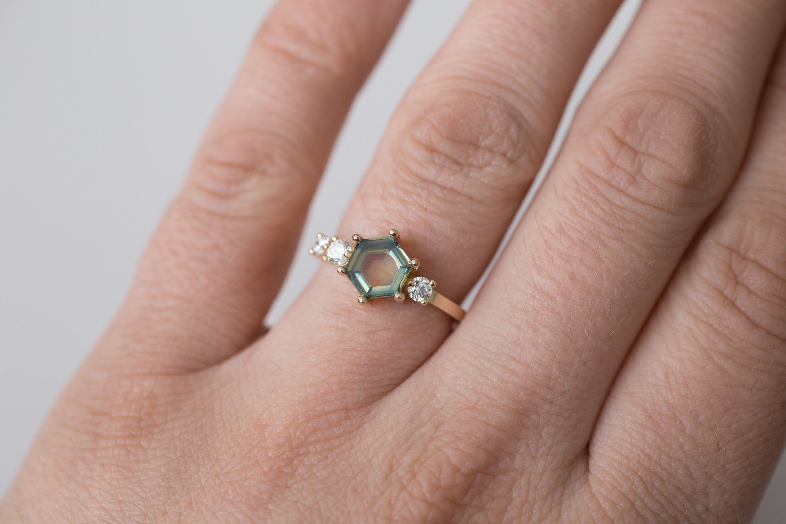 Portrait Cut Hexagon Montana Sapphire + Round Diamond Asymmetrical Engagement Ring | 14k Recycled Gold | One of a Kind