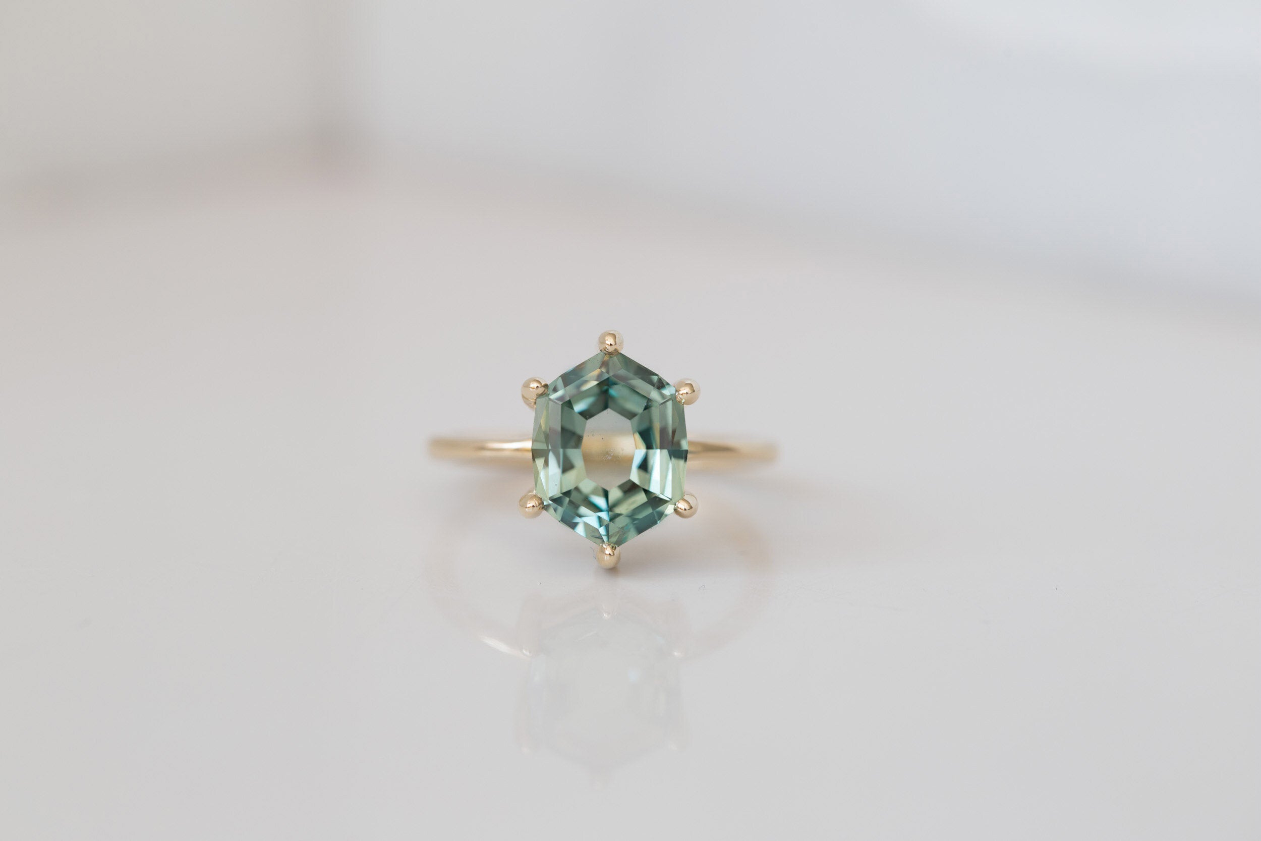 Mesa Ring | Portrait Cut Hexagonal Montana Sapphire Solitaire Engagement Ring | 14k Recycled Gold | One of a Kind