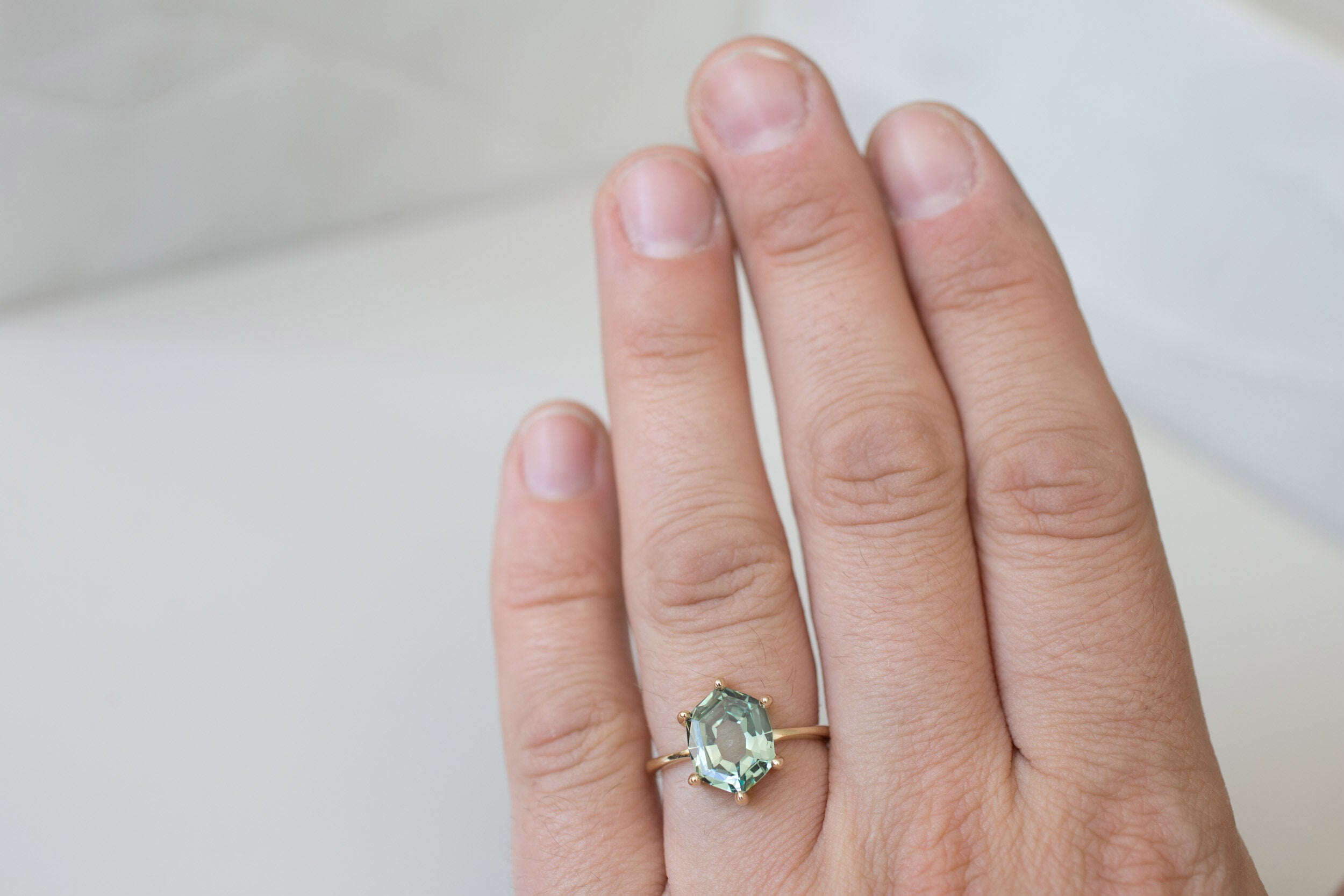 Mesa Ring | Portrait Cut Hexagonal Montana Sapphire Solitaire Engagement Ring | 14k Recycled Gold | One of a Kind