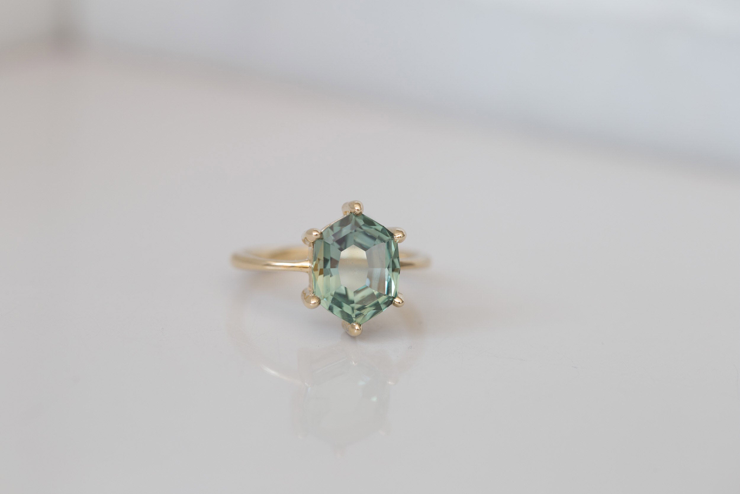 Mesa Ring | Portrait Cut Hexagonal Montana Sapphire Solitaire Engagement Ring | 14k Recycled Gold | One of a Kind