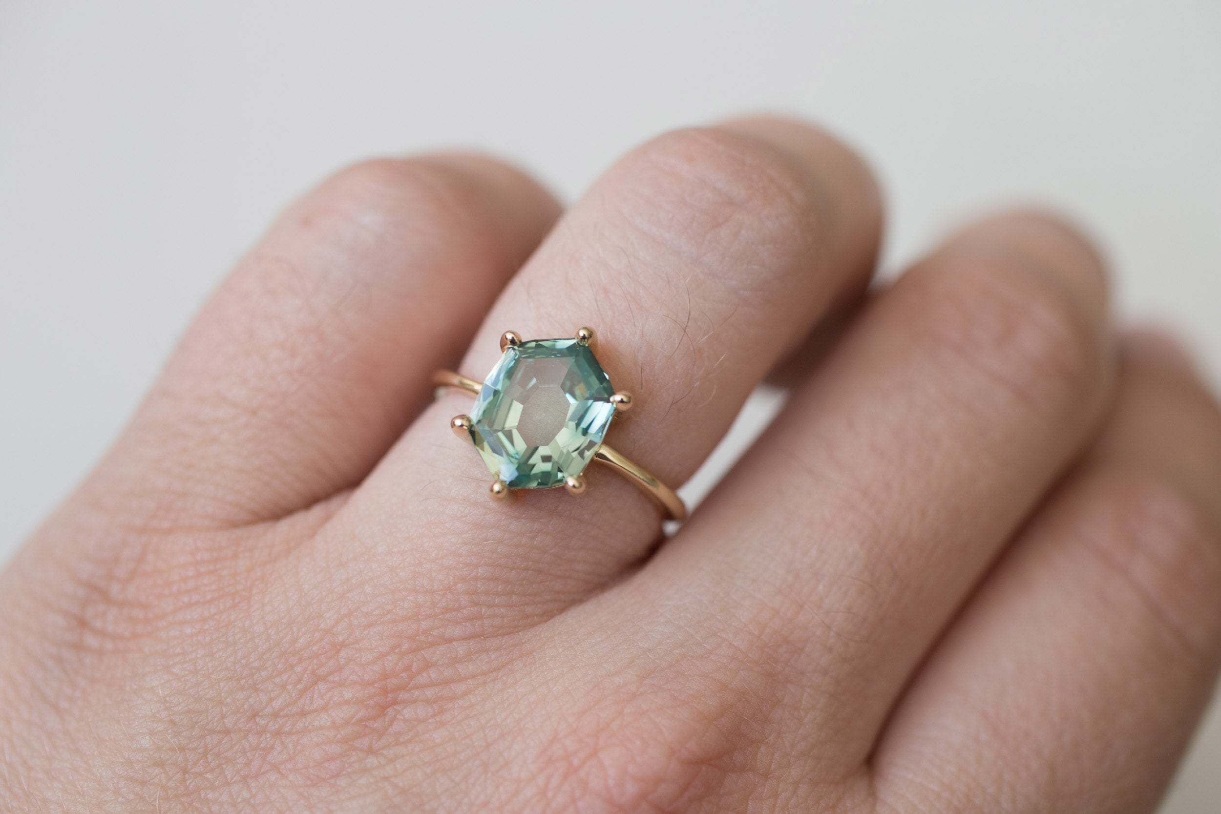 Mesa Ring | Portrait Cut Hexagonal Montana Sapphire Solitaire Engagement Ring | 14k Recycled Gold | One of a Kind
