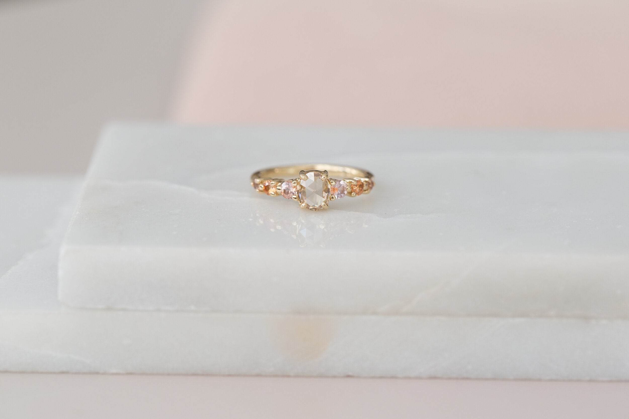 Senna Ring | Rose Cut Oval Champagne Diamond + Peach Sapphire Accent Engagement Ring | One of a Kind