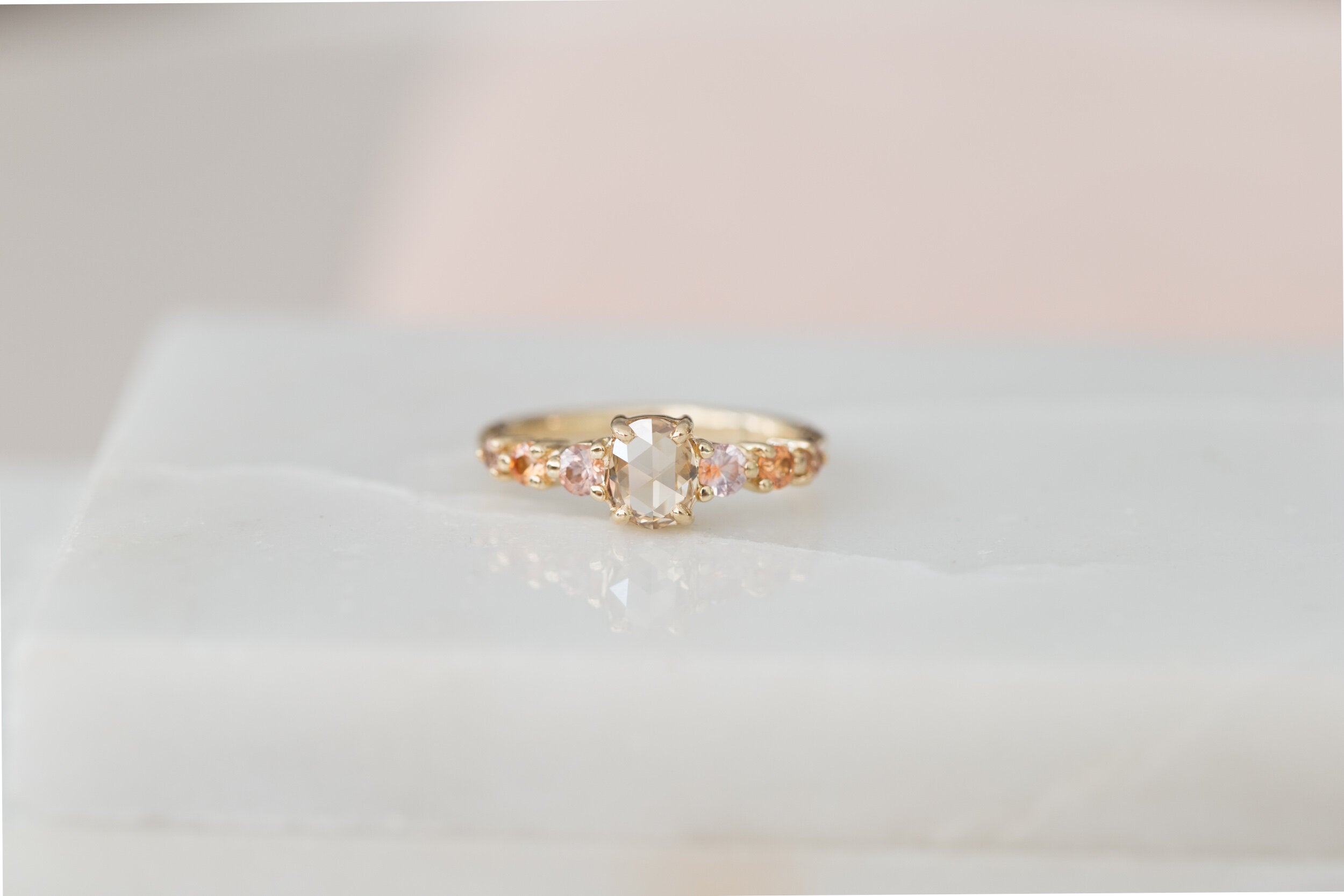 Senna Ring | Rose Cut Oval Champagne Diamond + Peach Sapphire Accent Engagement Ring | One of a Kind