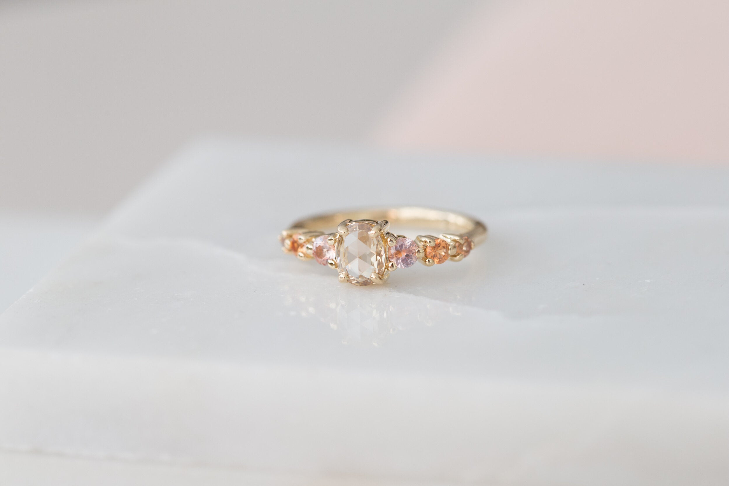 Senna Ring | Rose Cut Oval Champagne Diamond + Peach Sapphire Accent Engagement Ring | One of a Kind