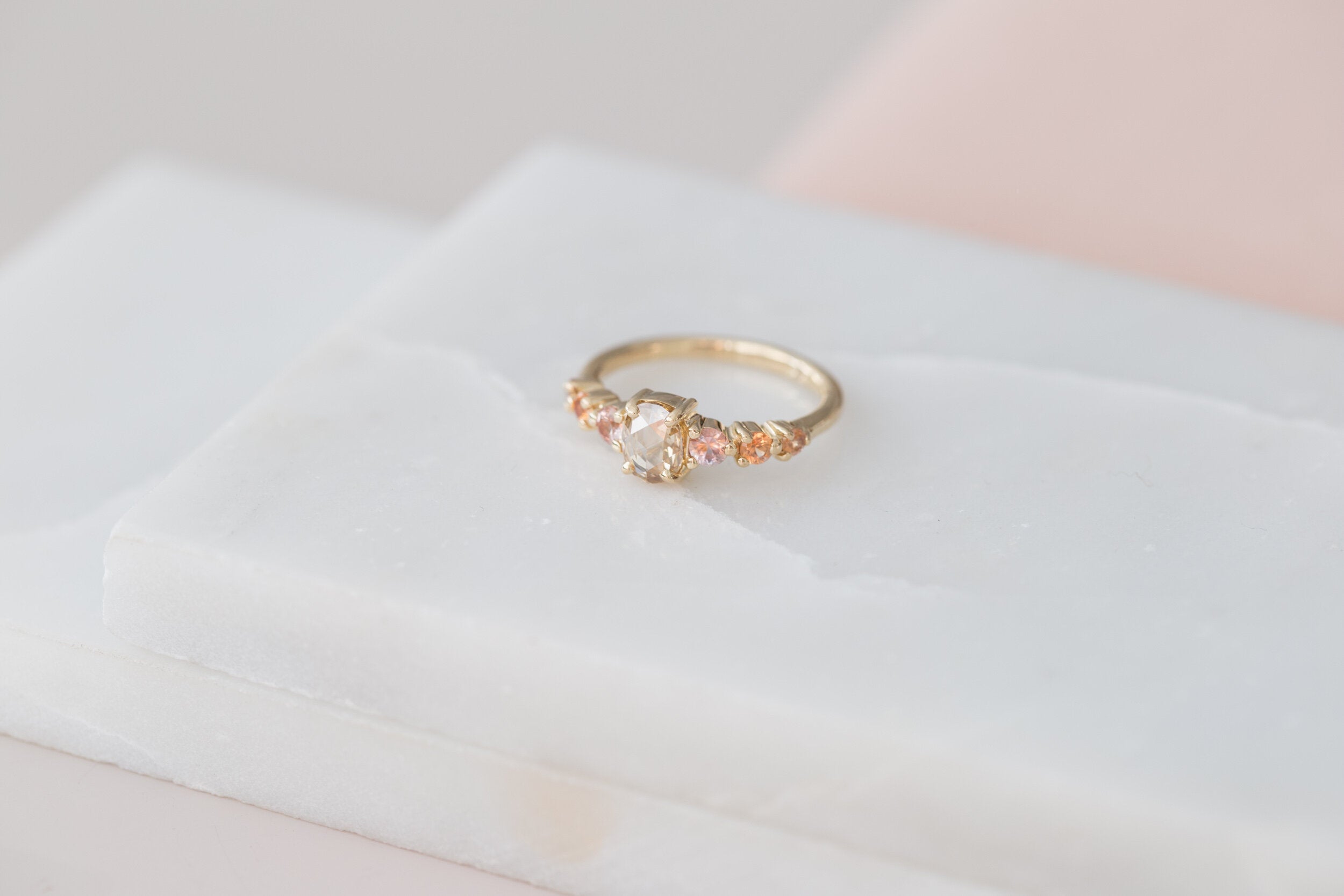 Senna Ring | Rose Cut Oval Champagne Diamond + Peach Sapphire Accent Engagement Ring | One of a Kind
