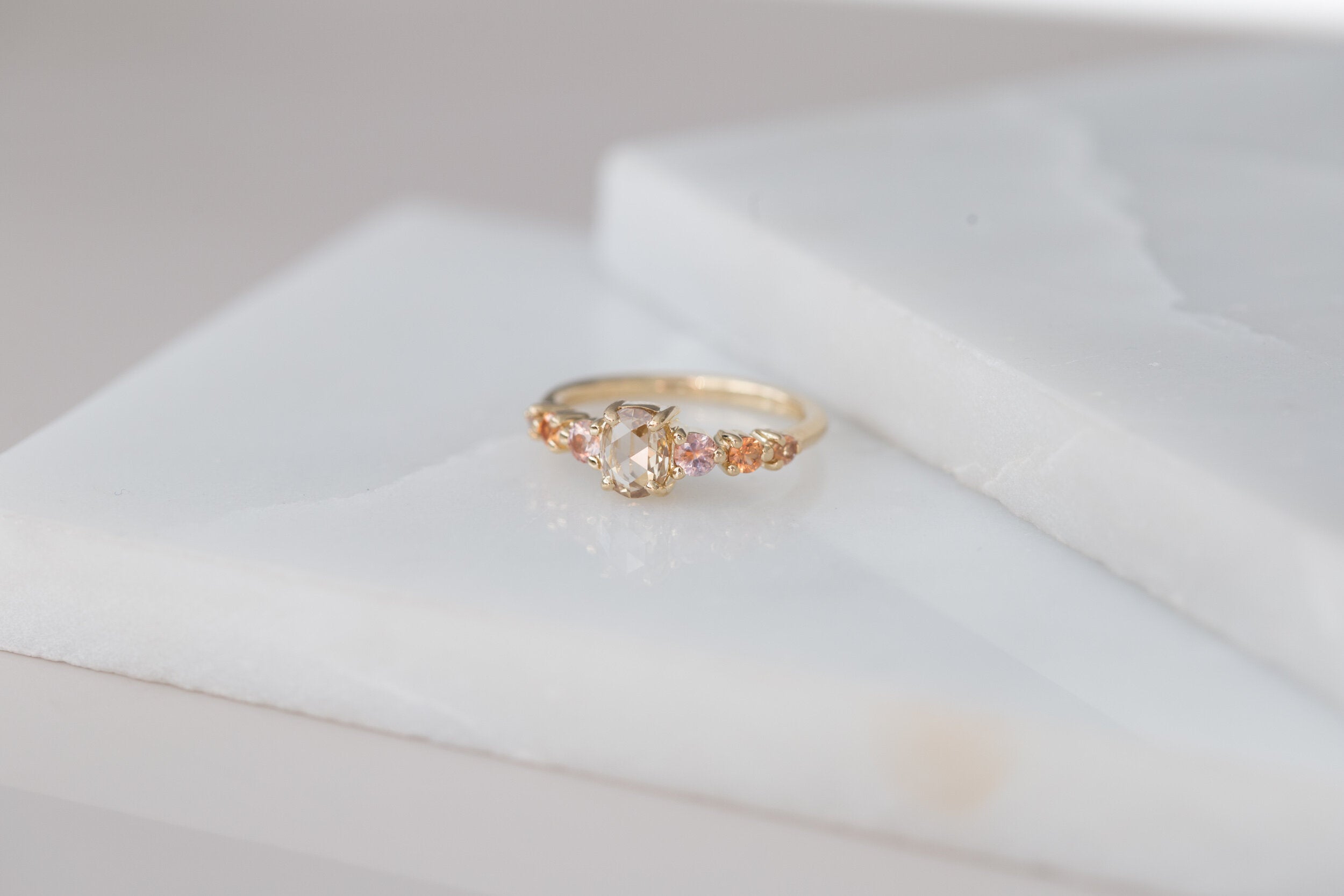 Senna Ring | Rose Cut Oval Champagne Diamond + Peach Sapphire Accent Engagement Ring | One of a Kind