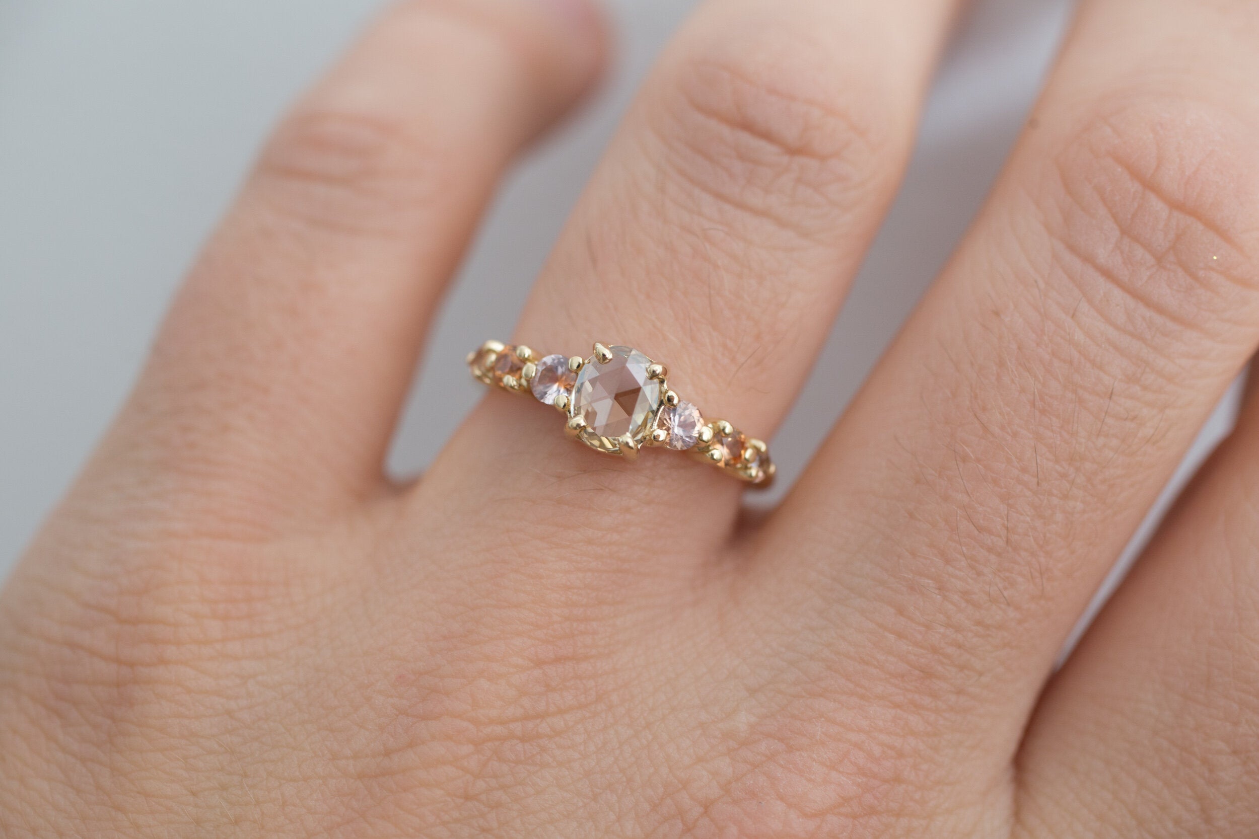 Senna Ring | Rose Cut Oval Champagne Diamond + Peach Sapphire Accent Engagement Ring | One of a Kind