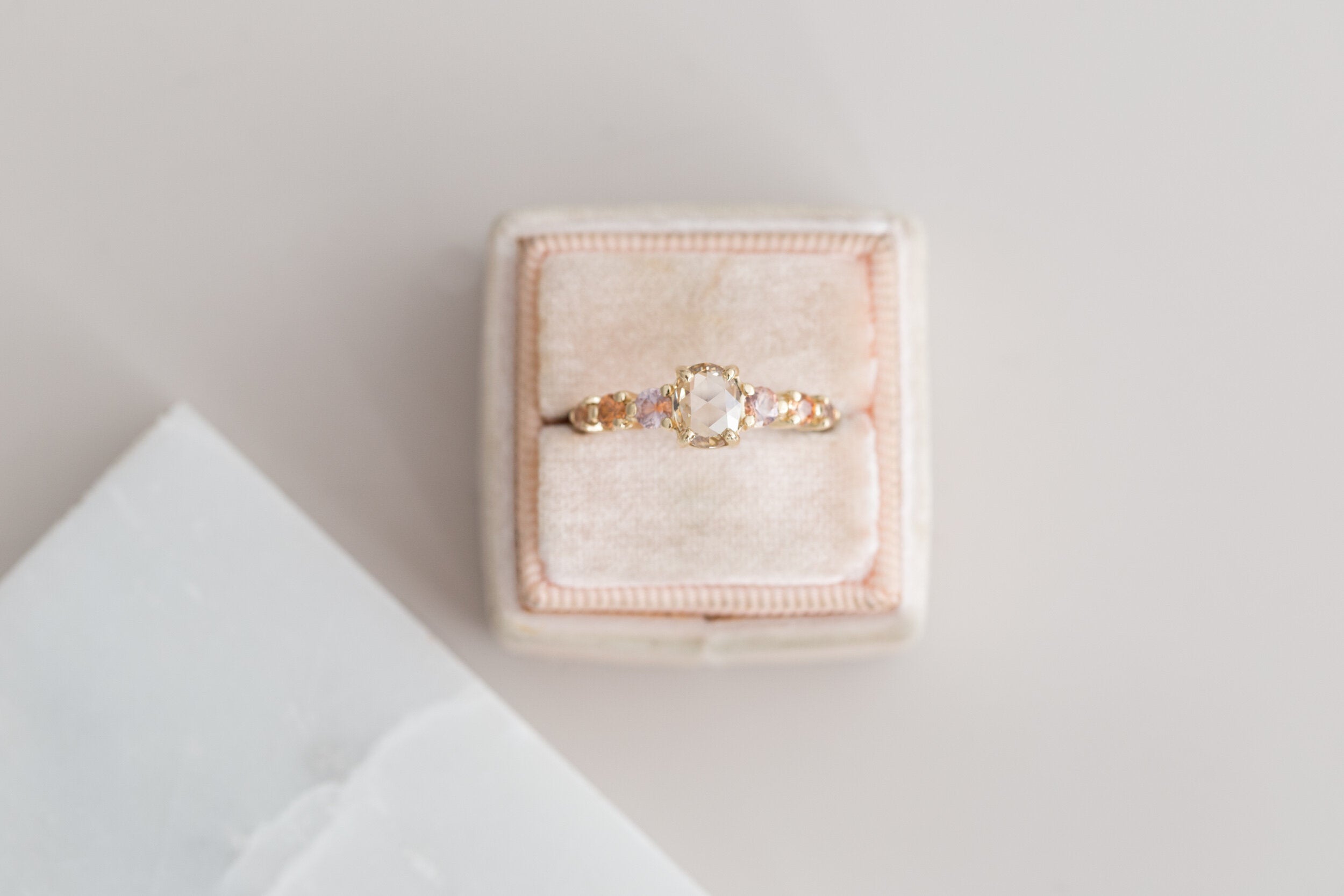 Senna Ring | Rose Cut Oval Champagne Diamond + Peach Sapphire Accent Engagement Ring | One of a Kind