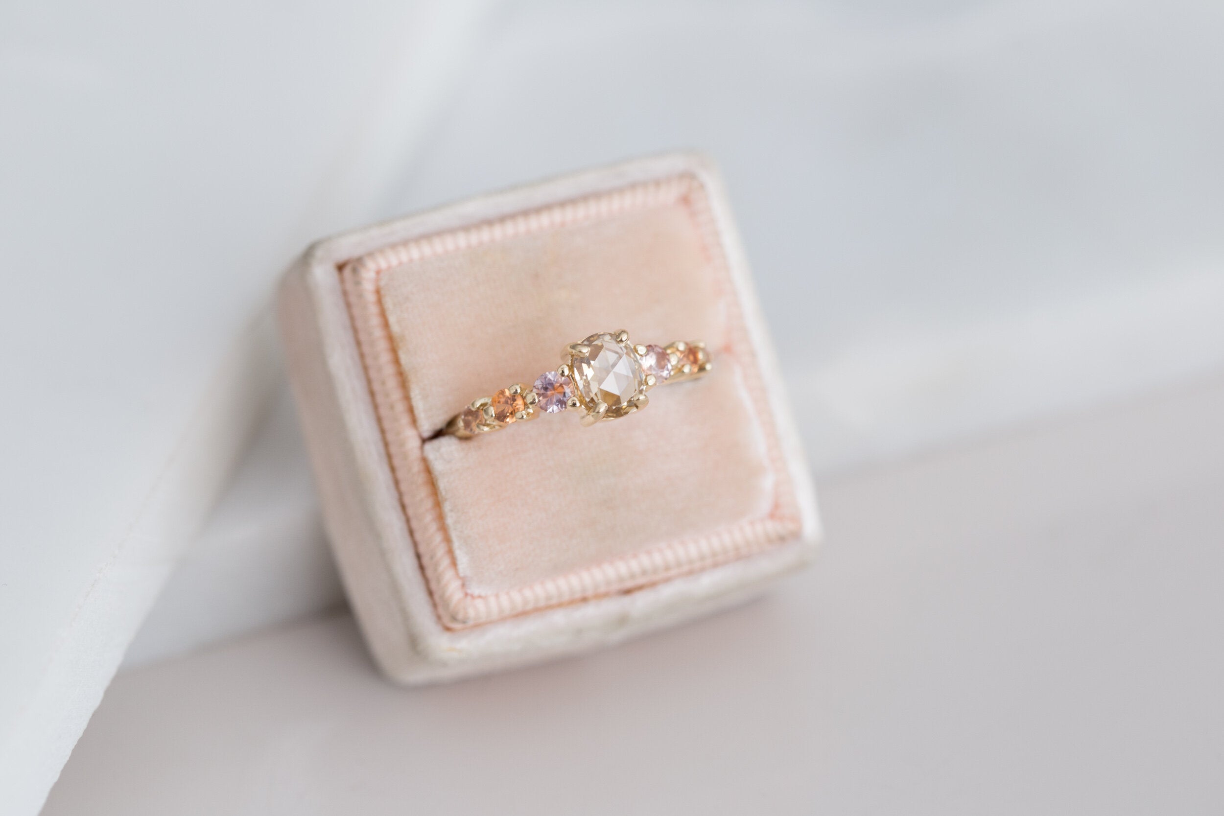 Senna Ring | Rose Cut Oval Champagne Diamond + Peach Sapphire Accent Engagement Ring | One of a Kind