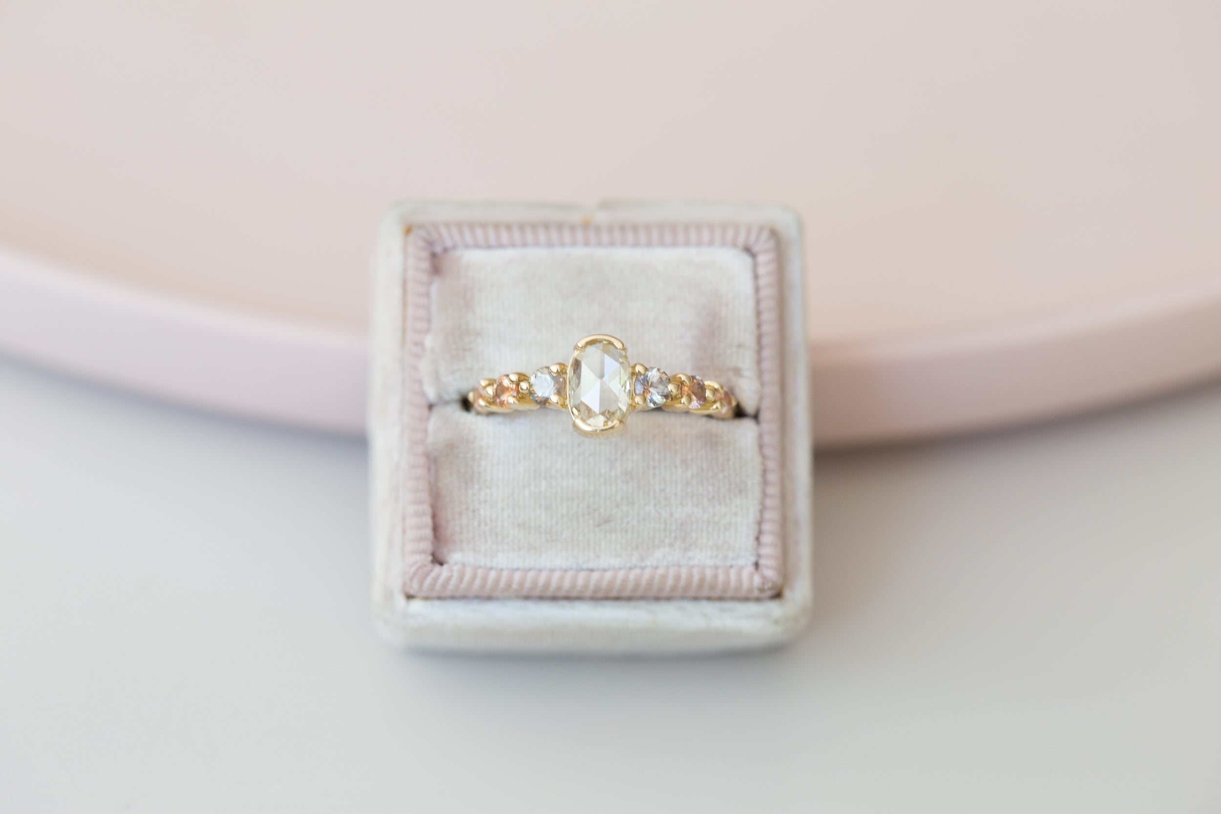 Senna Ring | Rose Cut Oval Champagne Diamond + Sapphire Accent Engagement Ring | 14k Recycled Gold | One of a Kind