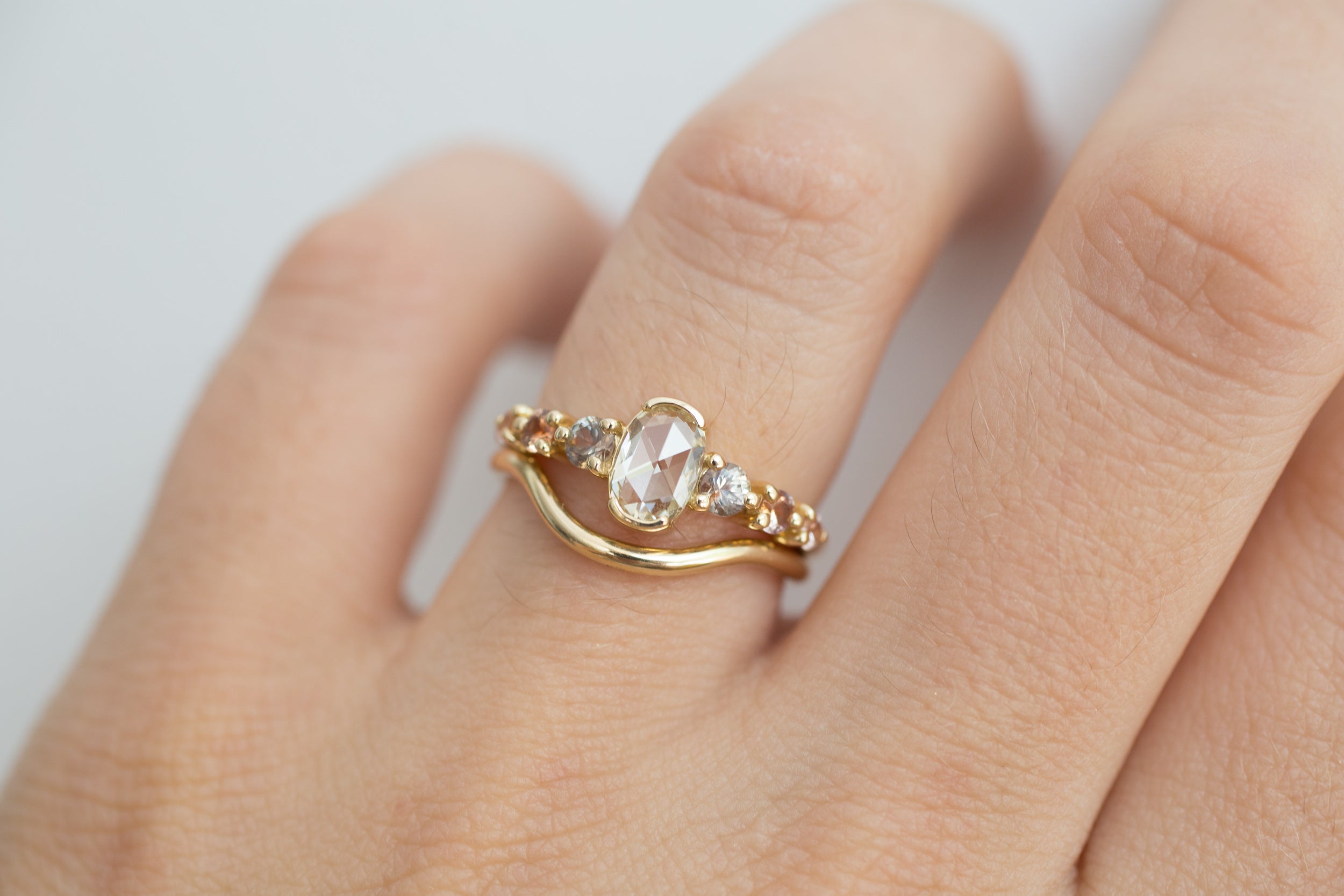 Senna Ring | Rose Cut Oval Champagne Diamond + Sapphire Accent Engagement Ring | 14k Recycled Gold | One of a Kind