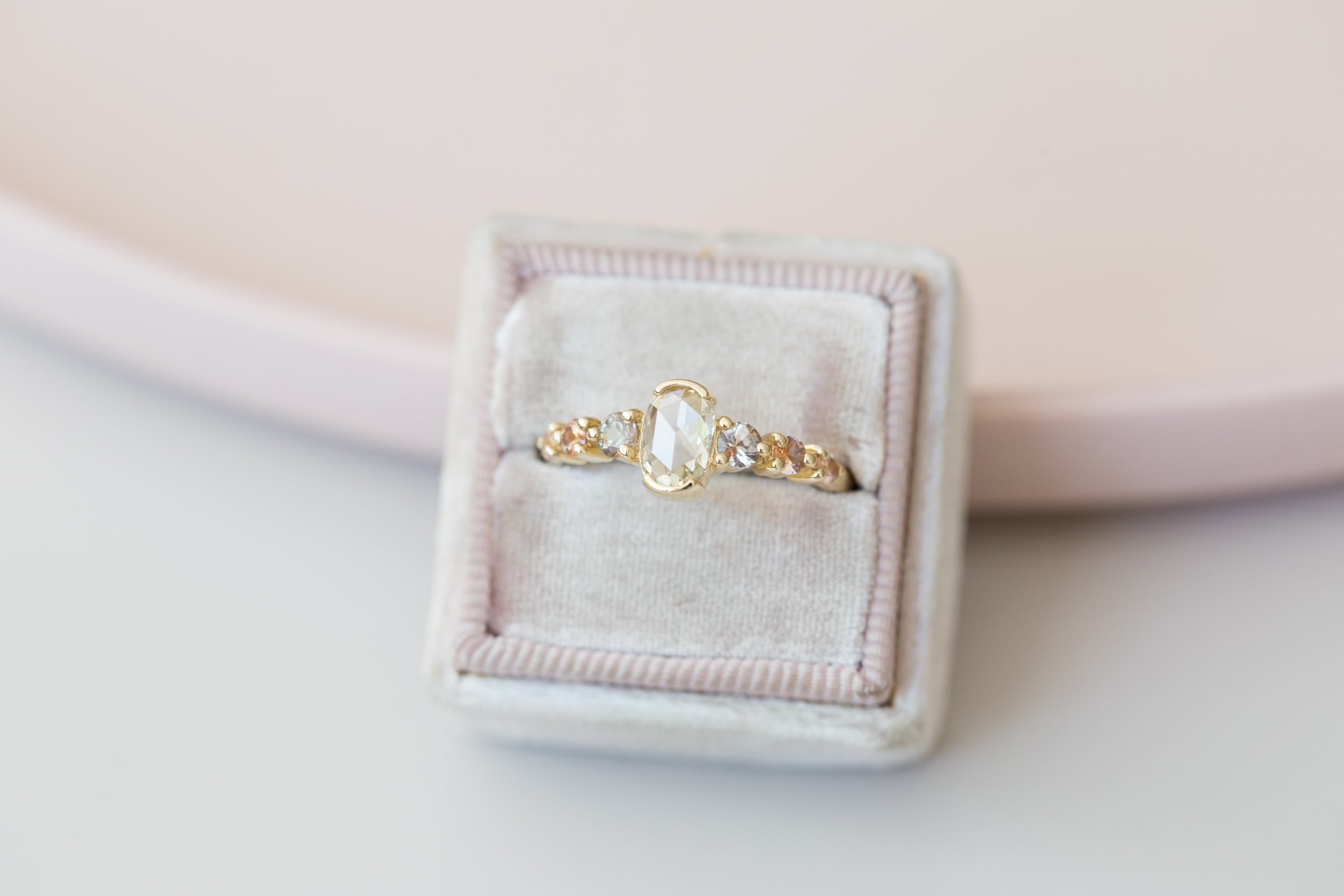 Senna Ring | Rose Cut Oval Champagne Diamond + Sapphire Accent Engagement Ring | 14k Recycled Gold | One of a Kind