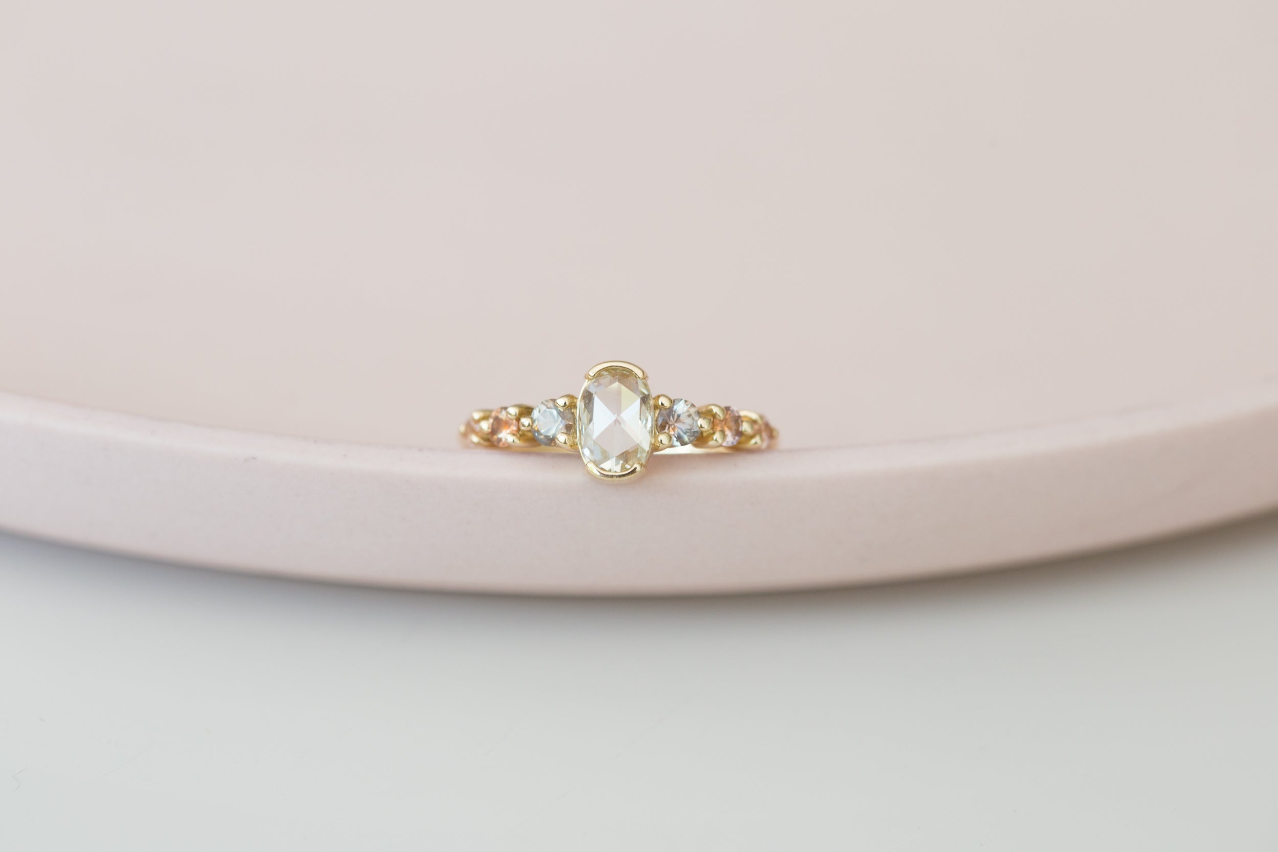 Senna Ring | Rose Cut Oval Champagne Diamond + Sapphire Accent Engagement Ring | 14k Recycled Gold | One of a Kind