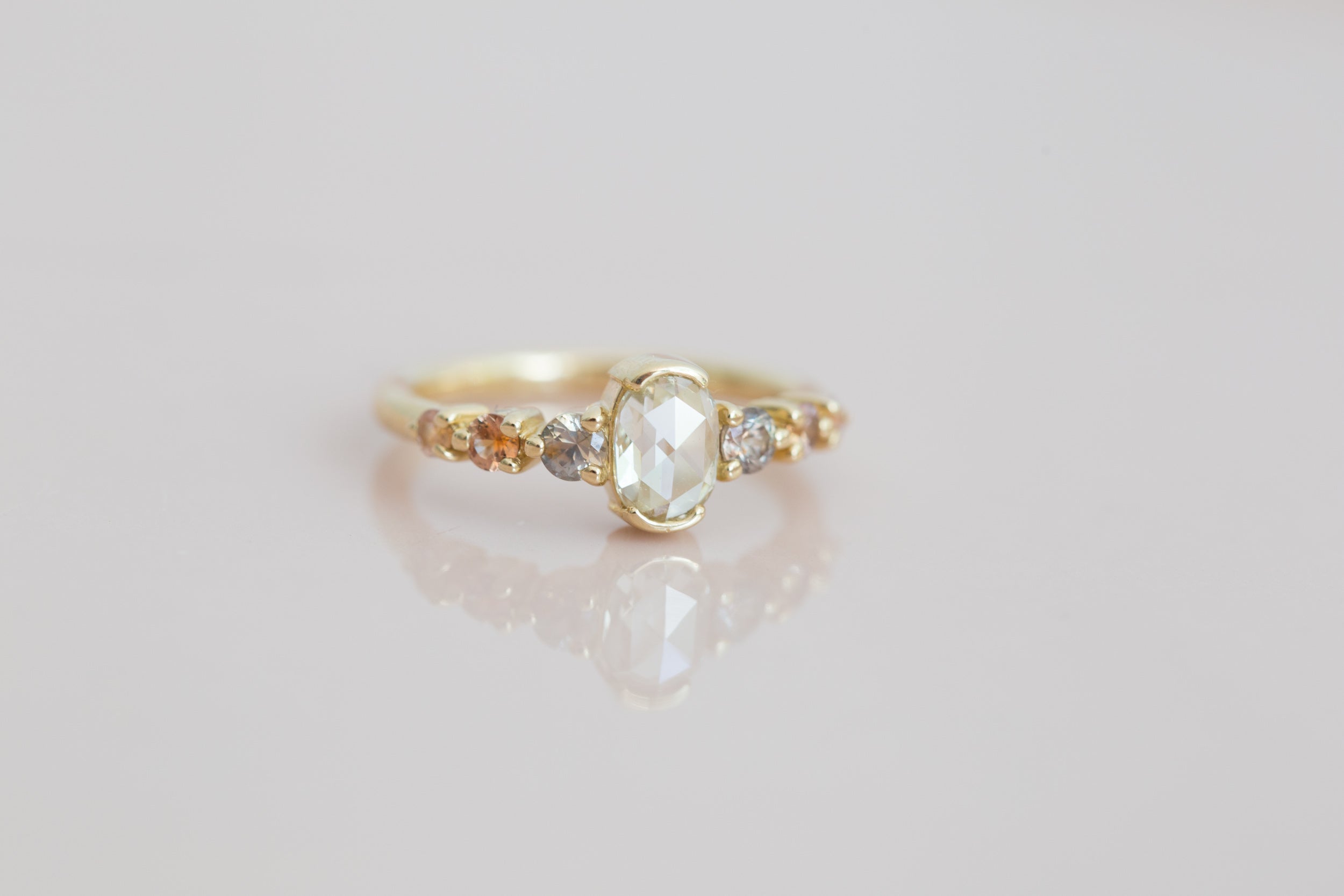 Senna Ring | Rose Cut Oval Champagne Diamond + Sapphire Accent Engagement Ring | 14k Recycled Gold | One of a Kind