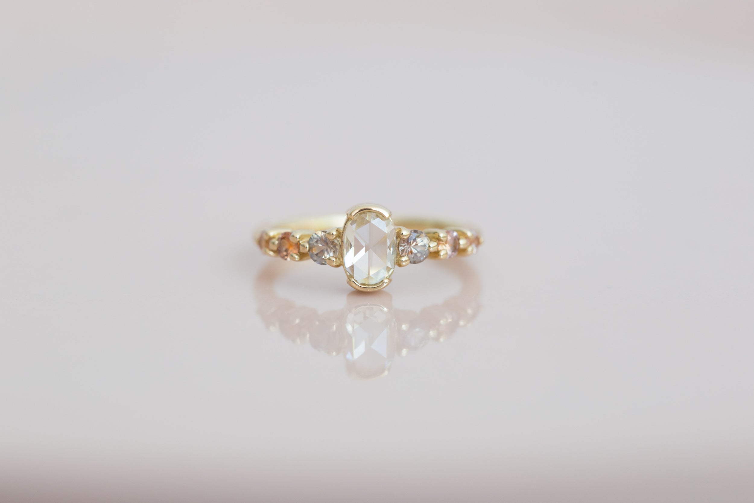 Senna Ring | Rose Cut Oval Champagne Diamond + Sapphire Accent Engagement Ring | 14k Recycled Gold | One of a Kind