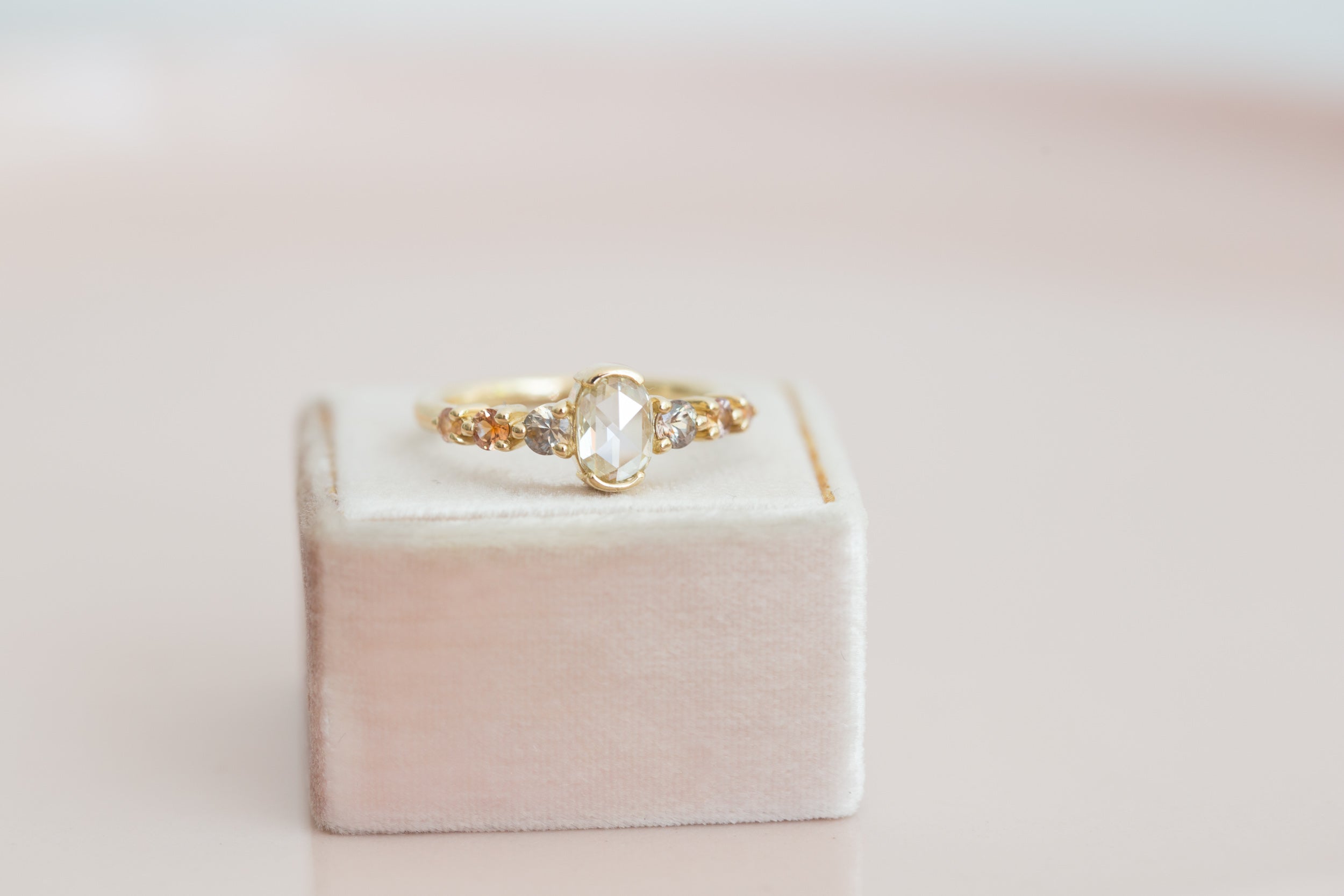 Senna Ring | Rose Cut Oval Champagne Diamond + Sapphire Accent Engagement Ring | 14k Recycled Gold | One of a Kind