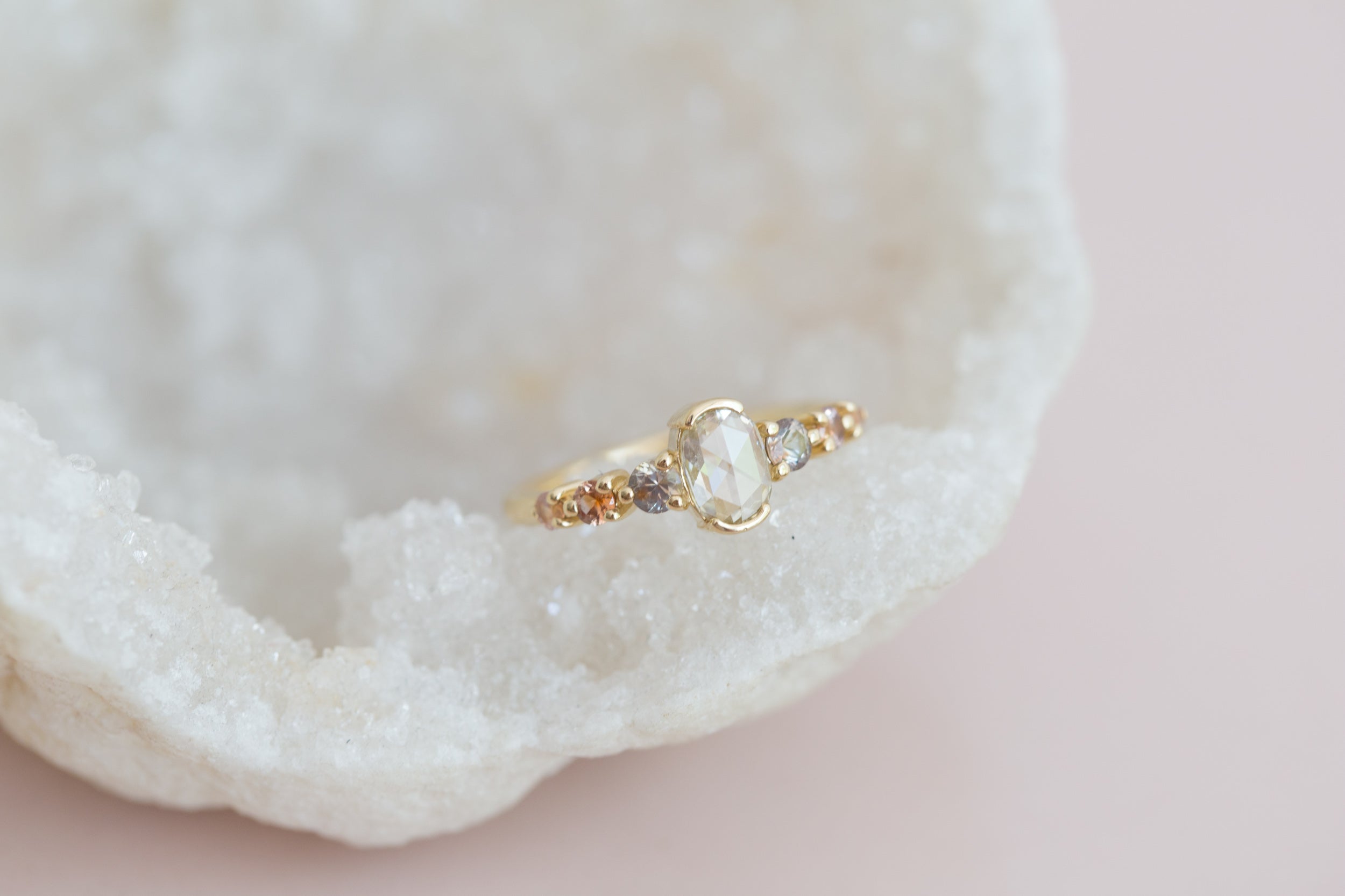 Senna Ring | Rose Cut Oval Champagne Diamond + Sapphire Accent Engagement Ring | 14k Recycled Gold | One of a Kind