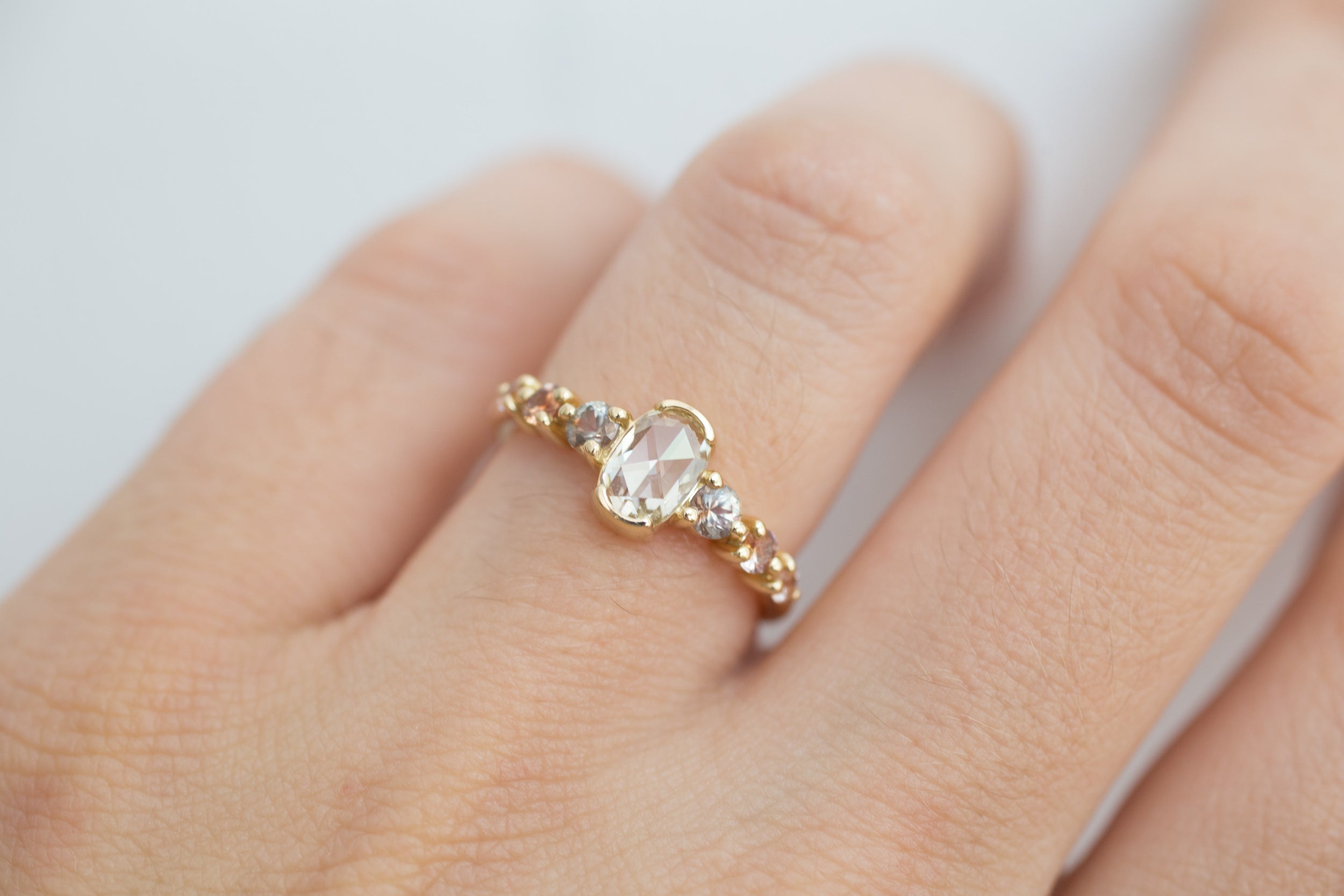 Senna Ring | Rose Cut Oval Champagne Diamond + Sapphire Accent Engagement Ring | 14k Recycled Gold | One of a Kind