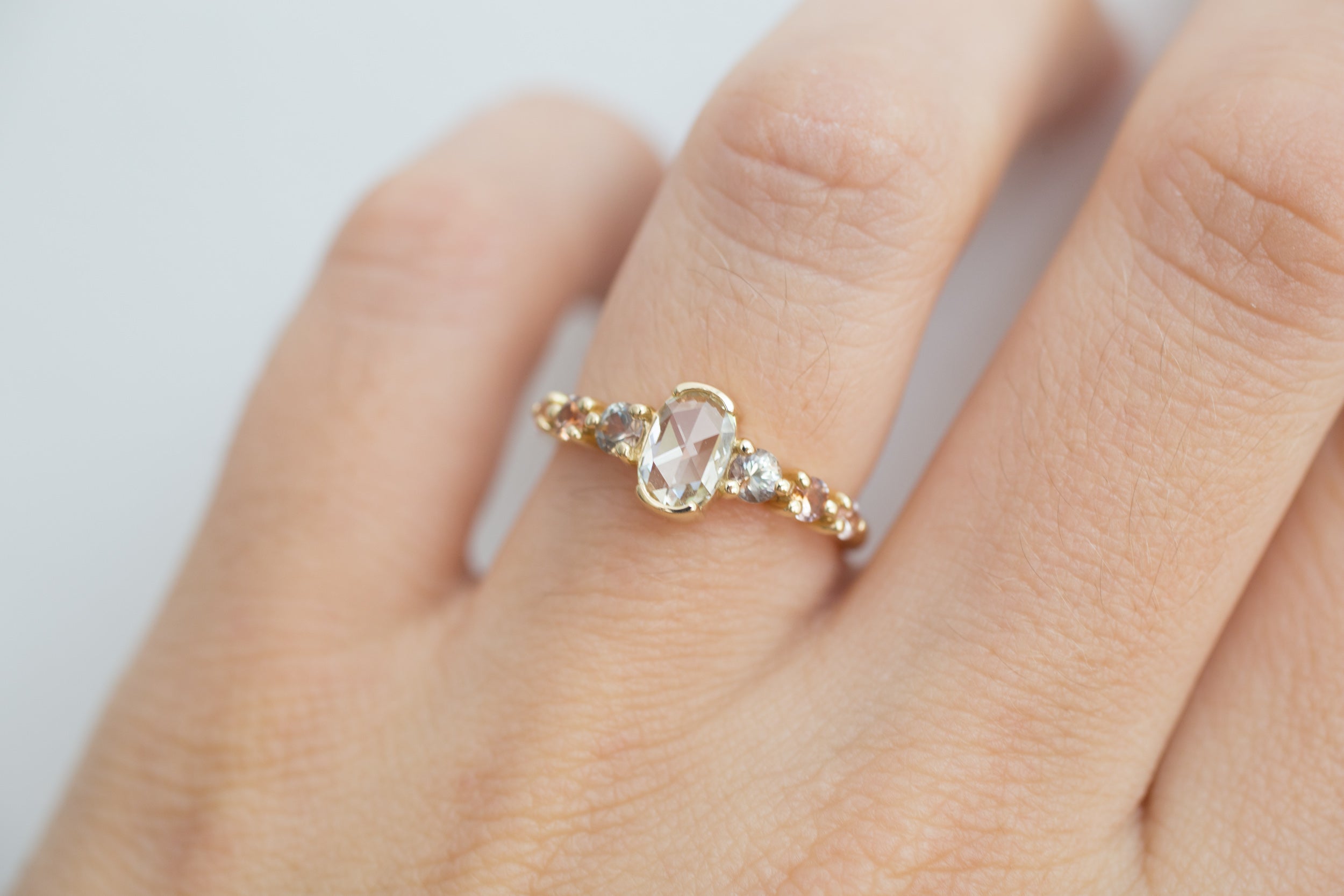 Senna Ring | Rose Cut Oval Champagne Diamond + Sapphire Accent Engagement Ring | 14k Recycled Gold | One of a Kind