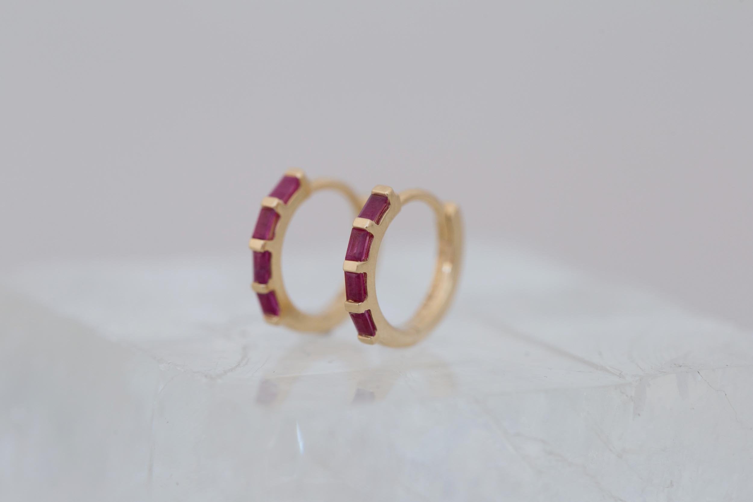 Ruby Baguette Huggie Earrings | 14k Recycled Gold