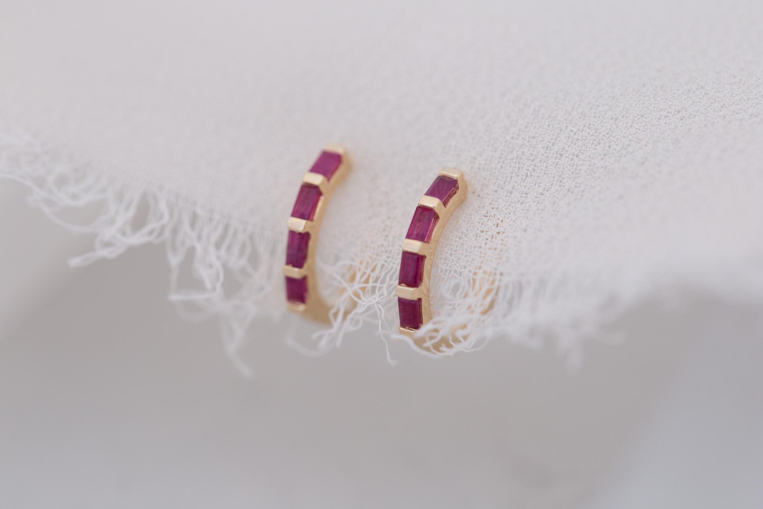 Ruby Baguette Huggie Earrings | 14k Recycled Gold