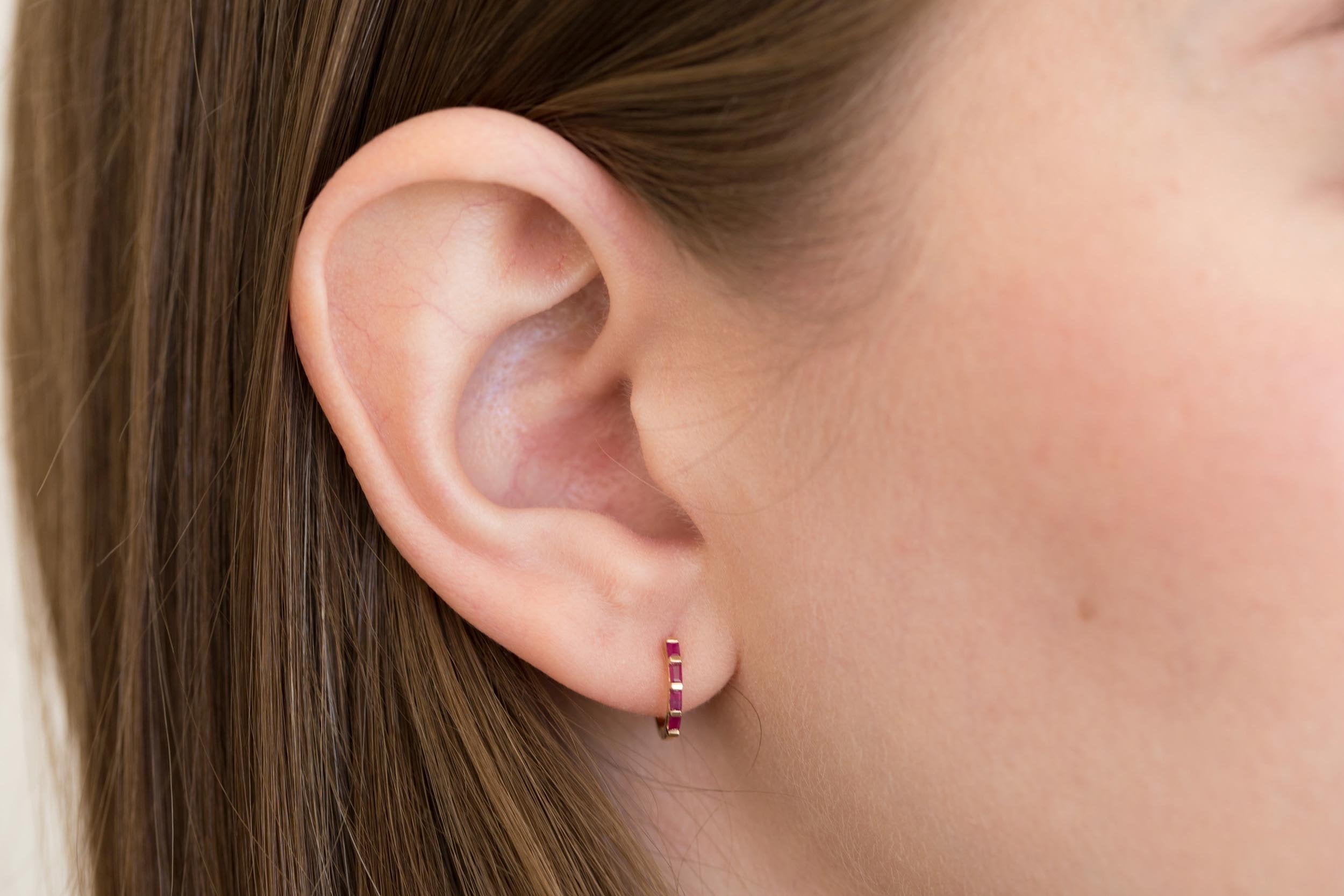 Ruby Baguette Huggie Earrings | 14k Recycled Gold