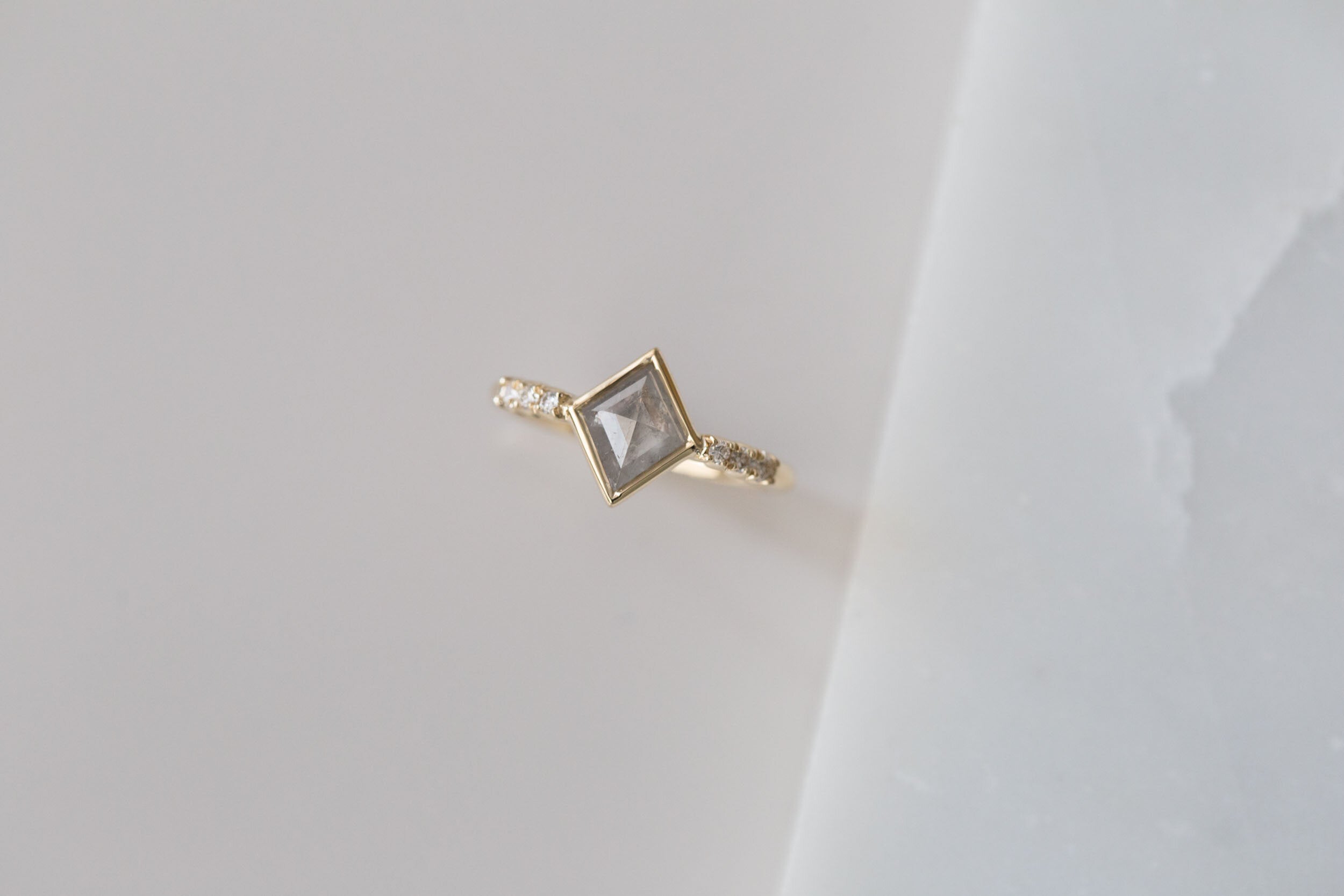 Grey Kite Rustic Diamond + White Diamond Engagement Ring | 14k Recycled Gold | One of a Kind