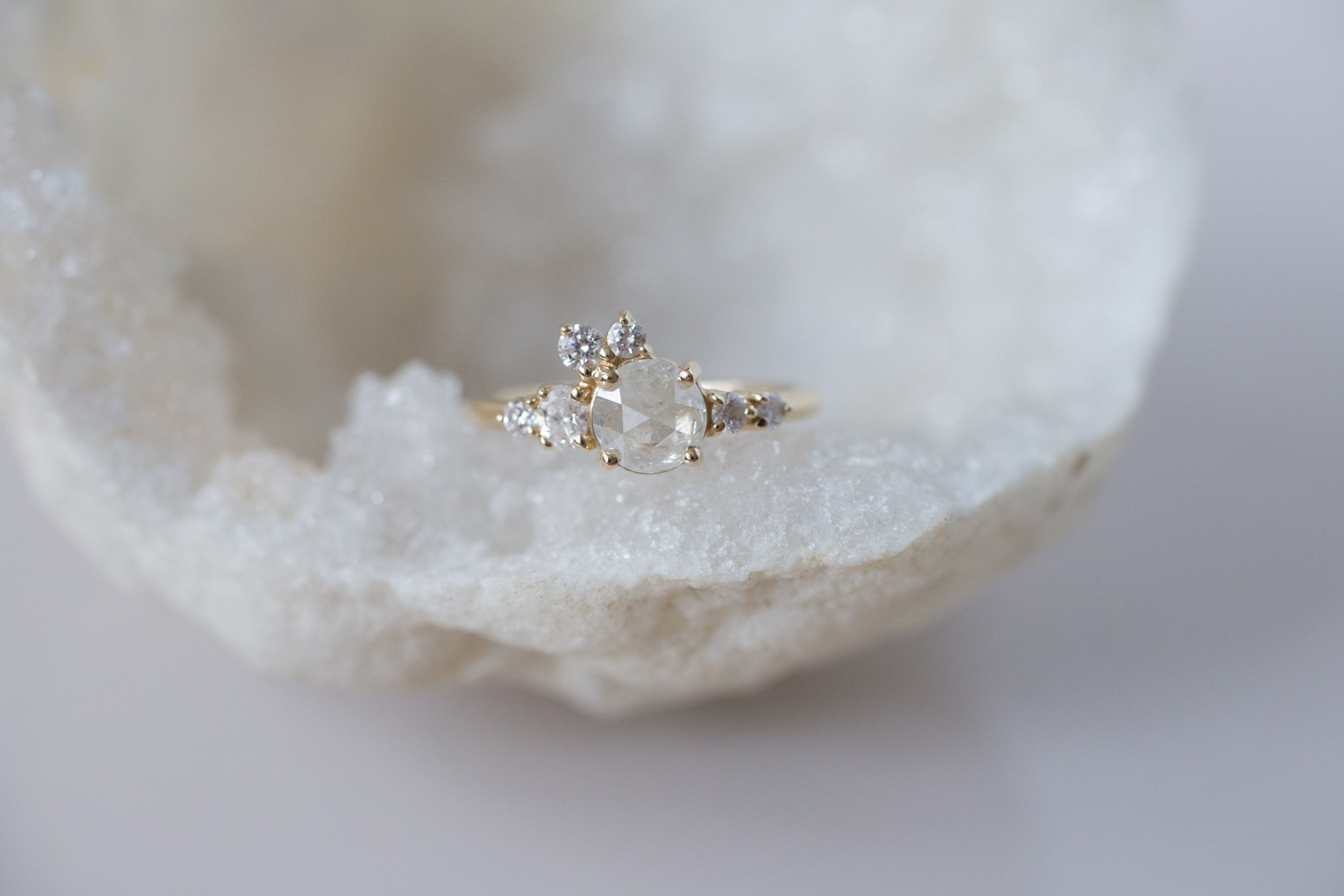 Silver Grey Rustic Rose Cut Diamond Round + White Diamond Cluster Ring | One of a Kind | 14k Recycled Gold