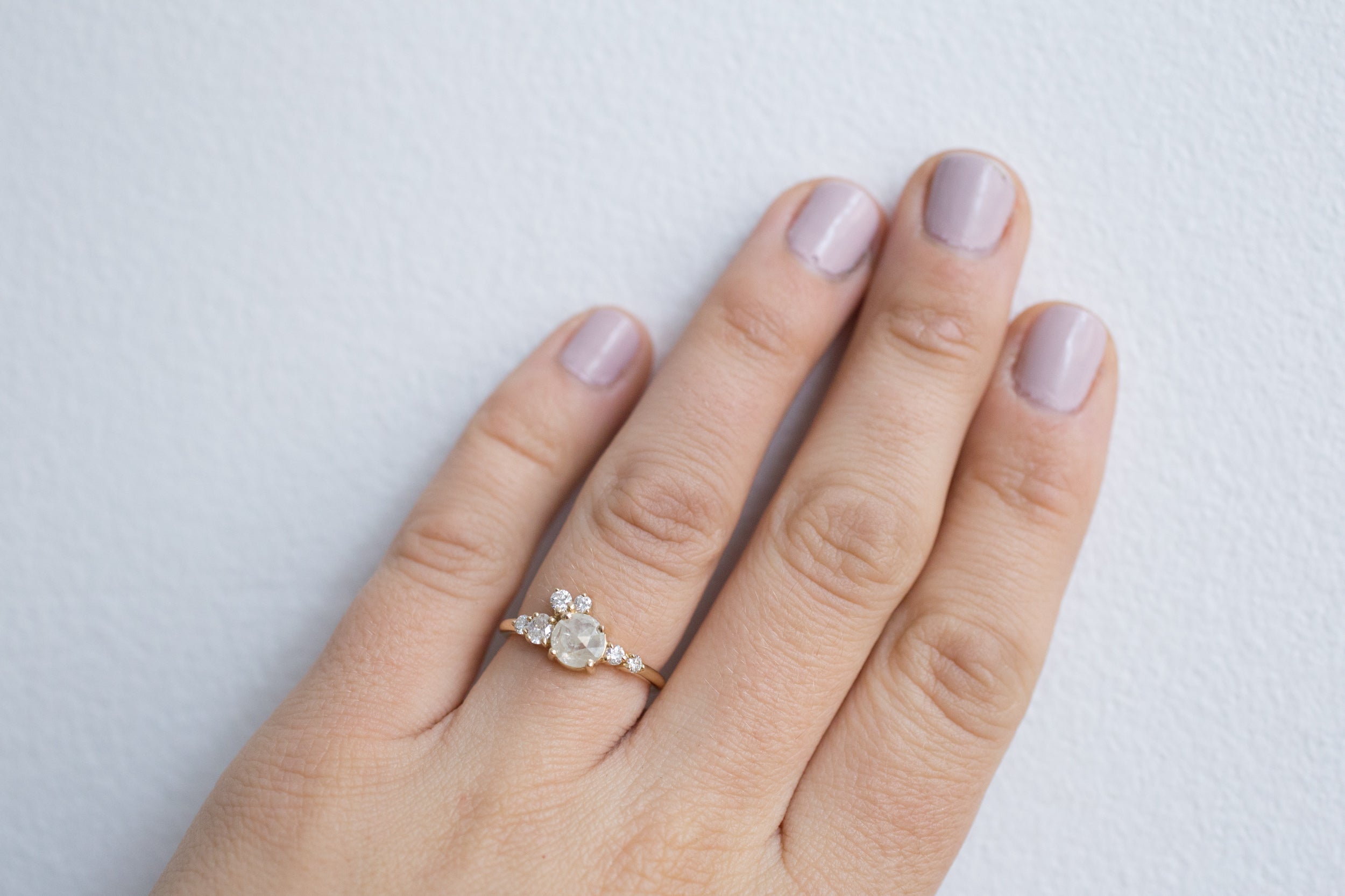 Silver Grey Rustic Rose Cut Diamond Round + White Diamond Cluster Ring | One of a Kind | 14k Recycled Gold