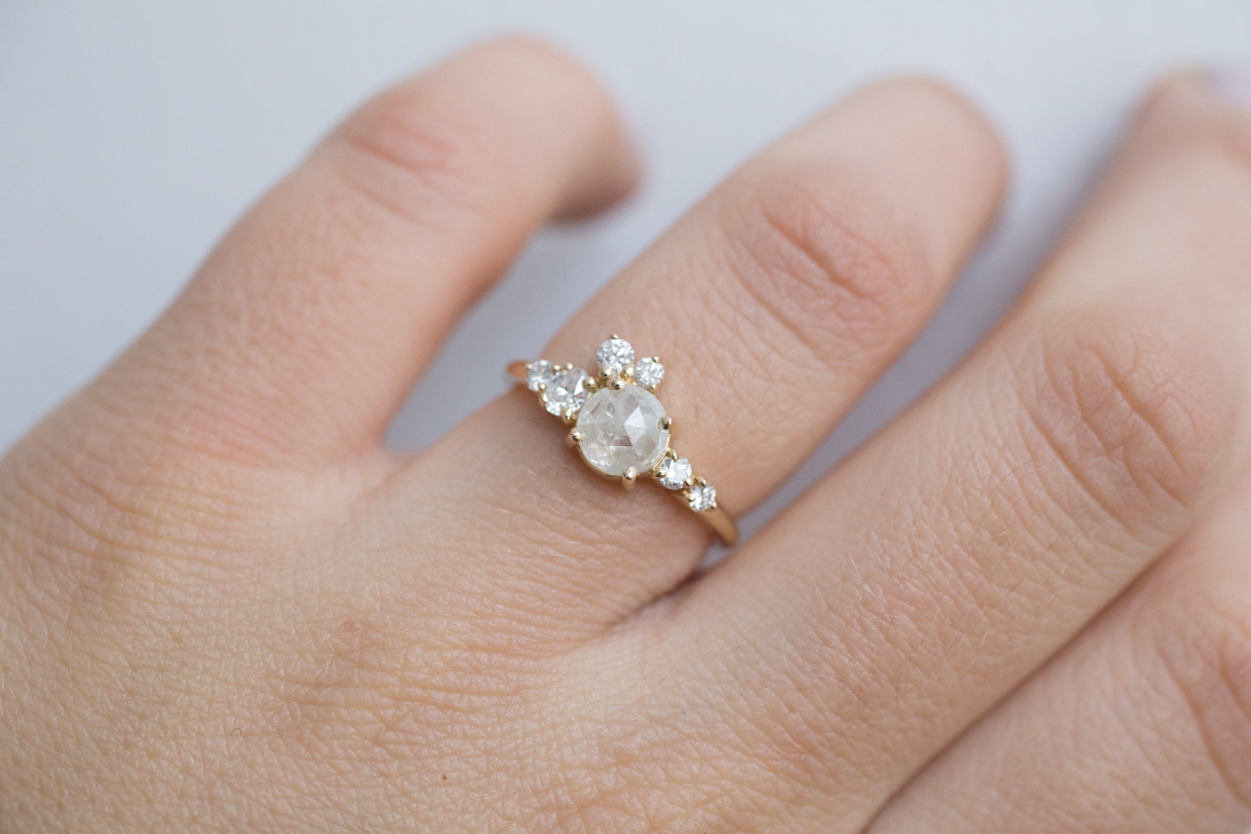 Silver Grey Rustic Rose Cut Diamond Round + White Diamond Cluster Ring | One of a Kind | 14k Recycled Gold