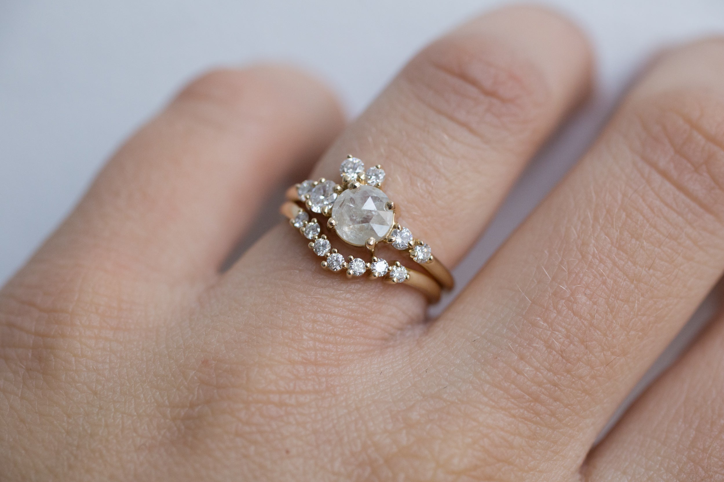 Silver Grey Rustic Rose Cut Diamond Round + White Diamond Cluster Ring | One of a Kind | 14k Recycled Gold