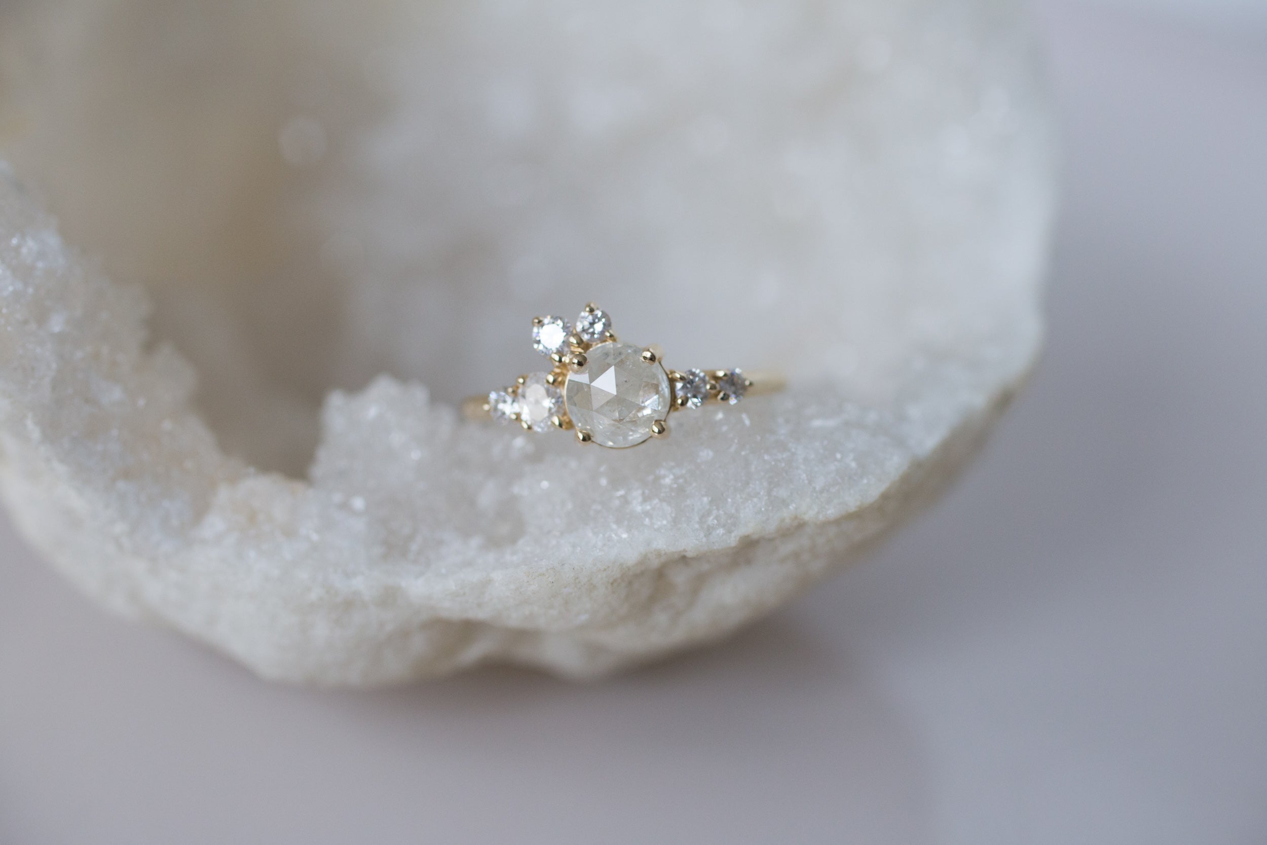 Silver Grey Rustic Rose Cut Diamond Round + White Diamond Cluster Ring | One of a Kind | 14k Recycled Gold