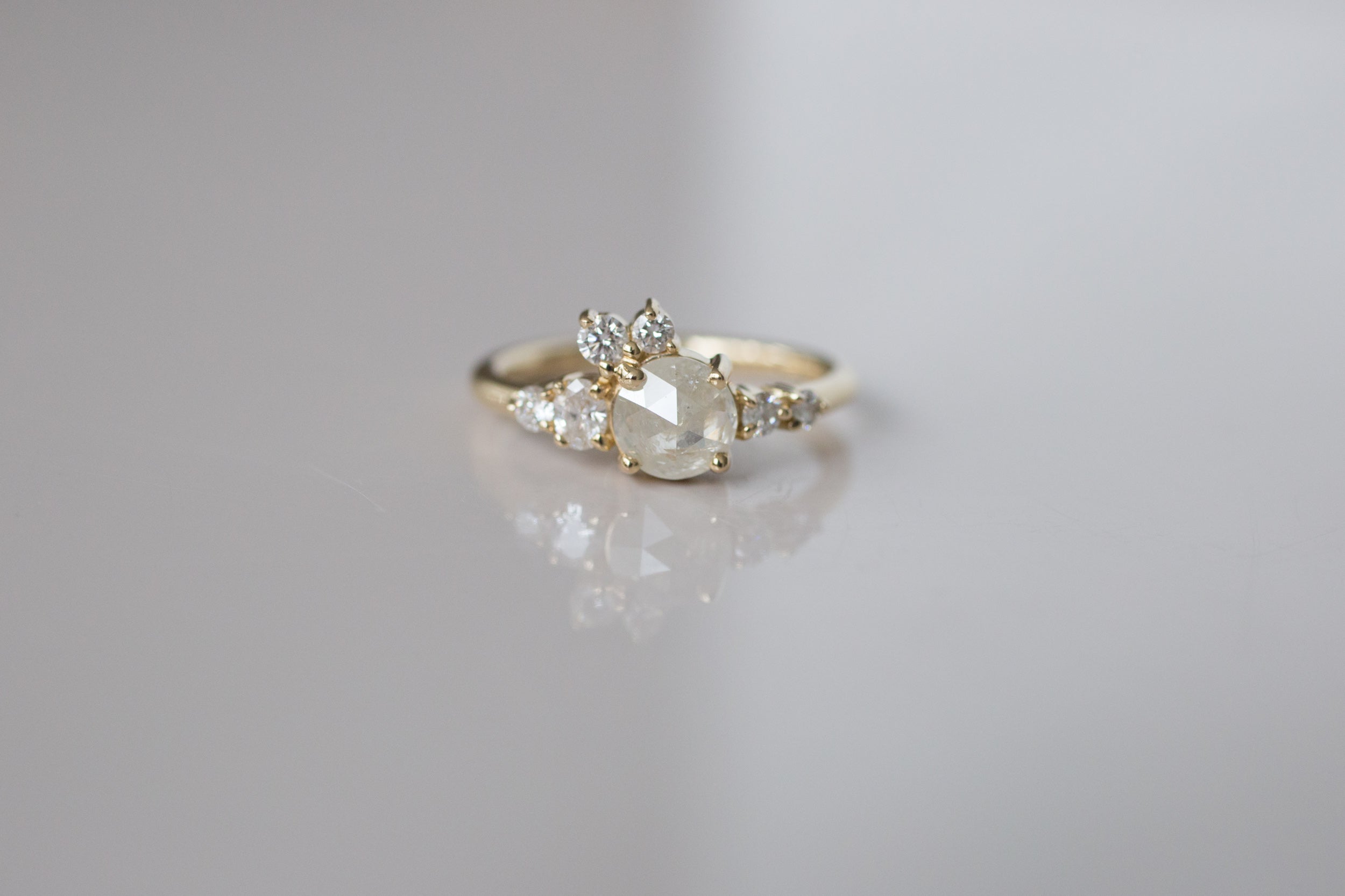 Silver Grey Rustic Rose Cut Diamond Round + White Diamond Cluster Ring | One of a Kind | 14k Recycled Gold