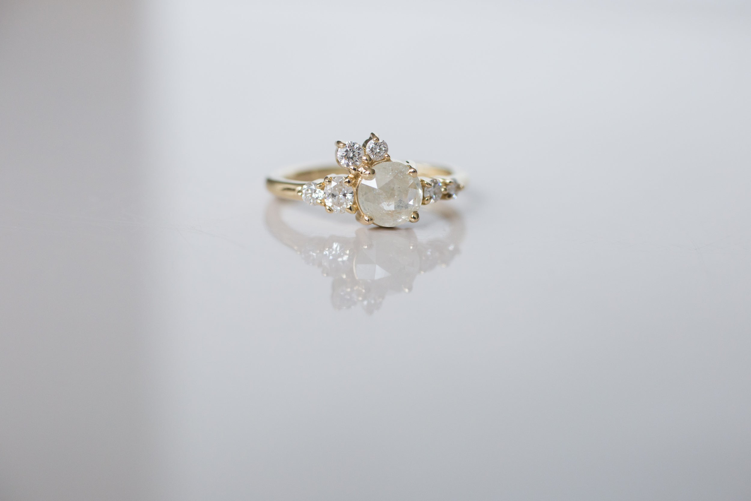 Silver Grey Rustic Rose Cut Diamond Round + White Diamond Cluster Ring | One of a Kind | 14k Recycled Gold