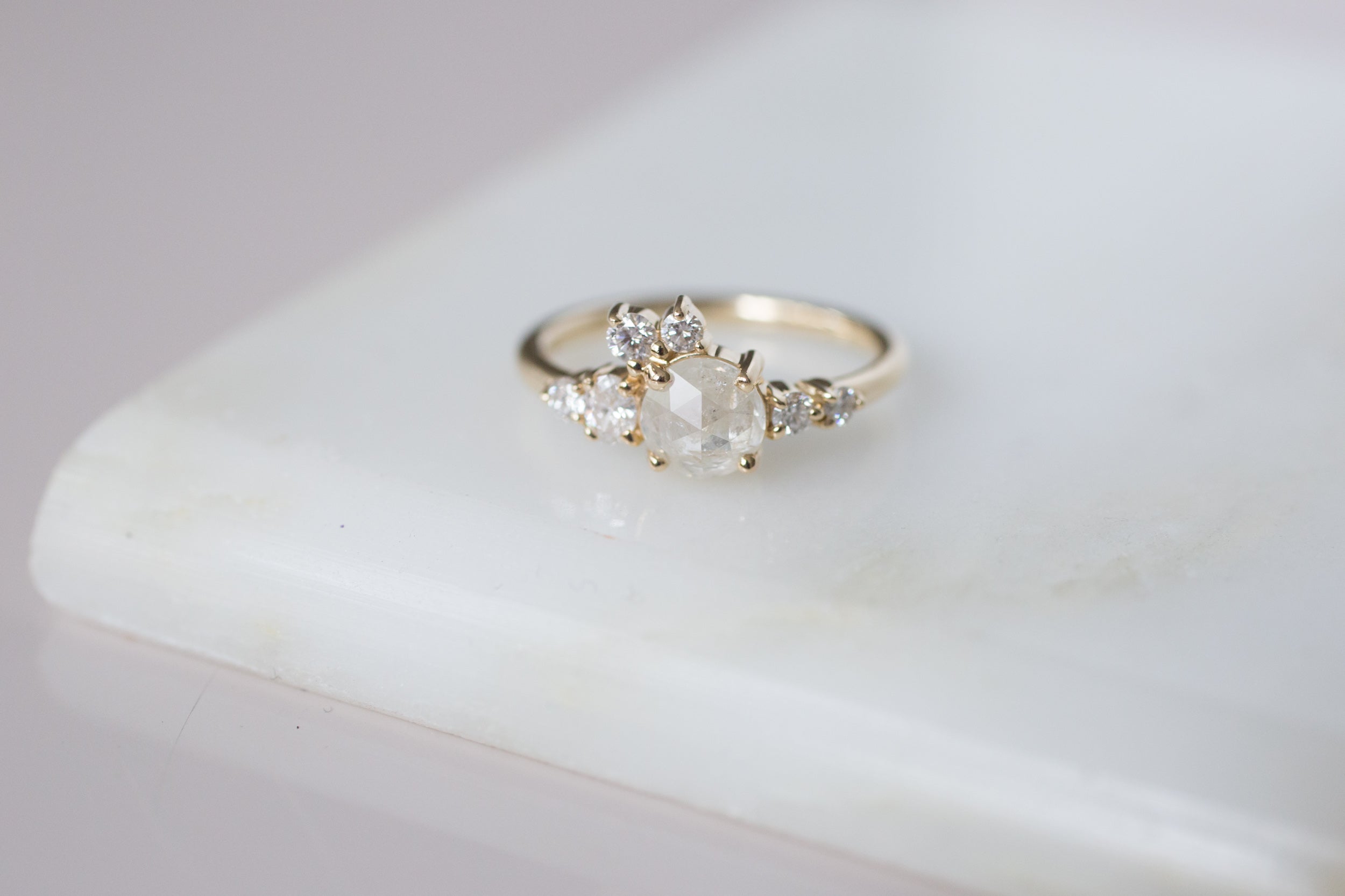 Silver Grey Rustic Rose Cut Diamond Round + White Diamond Cluster Ring | One of a Kind | 14k Recycled Gold
