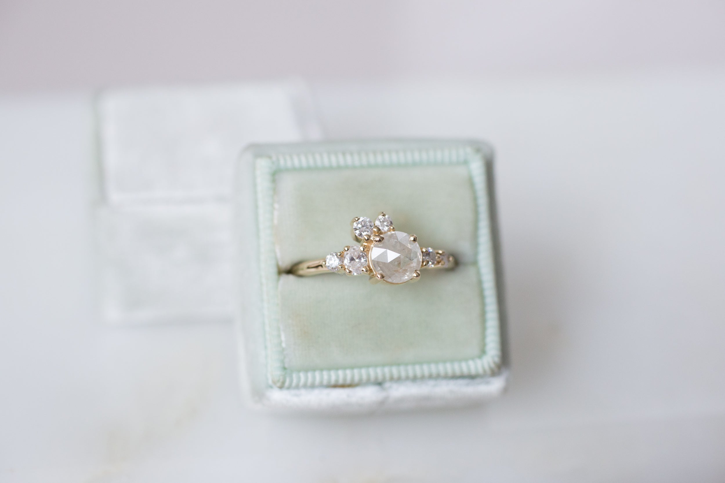 Silver Grey Rustic Rose Cut Diamond Round + White Diamond Cluster Ring | One of a Kind | 14k Recycled Gold