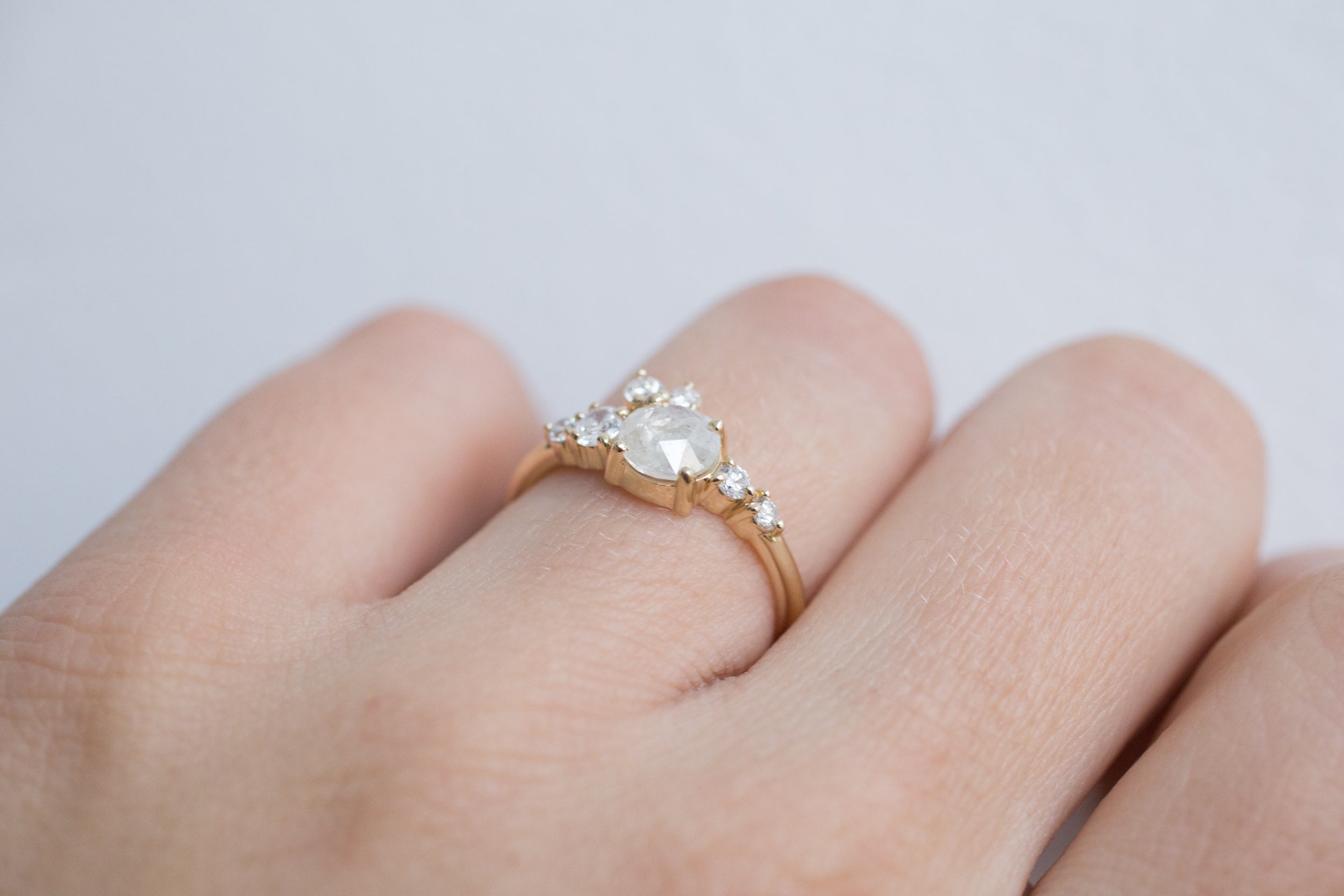 Silver Grey Rustic Rose Cut Diamond Round + White Diamond Cluster Ring | One of a Kind | 14k Recycled Gold