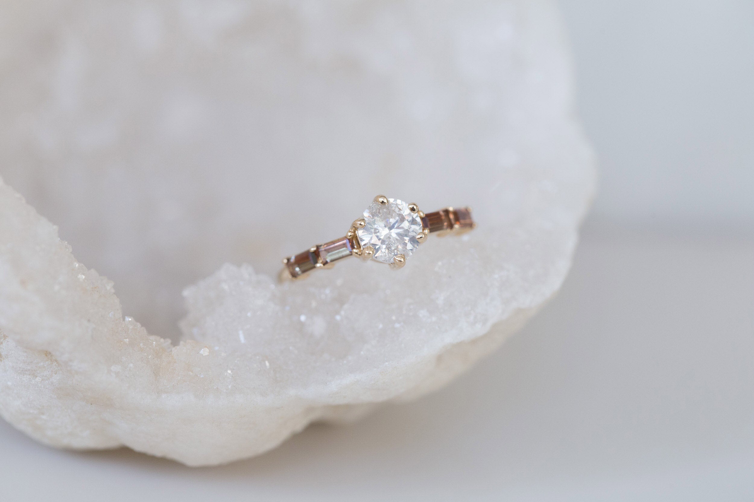 Acacia Ring | Rustic White Diamond + Andalusite Baguette Engagement Ring | 14k Recycled Gold | One of a Kind
