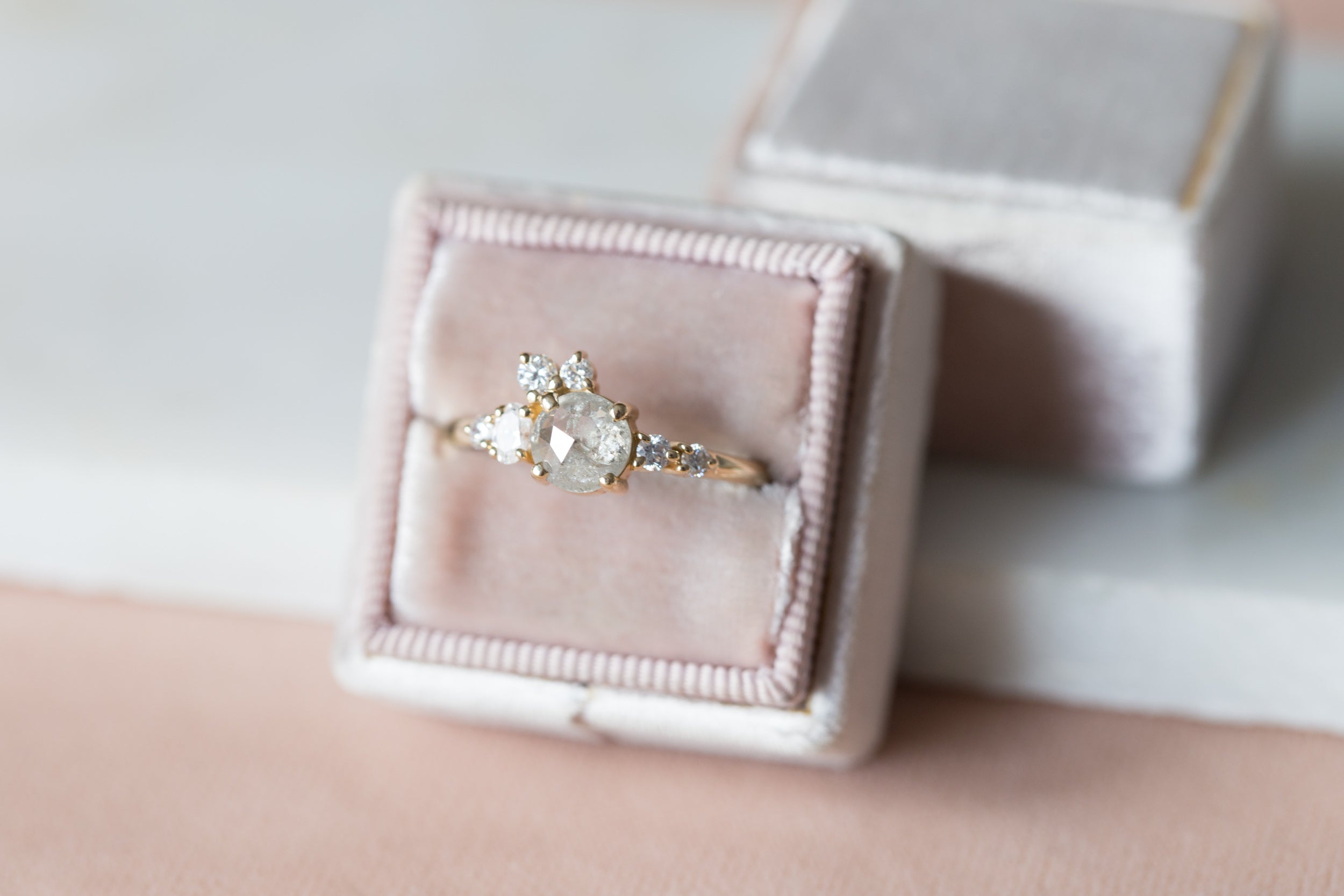 Silver Grey Rustic Rose Cut Diamond Round + Diamond Cluster Ring | Limited Edition | 14k Recycled Gold