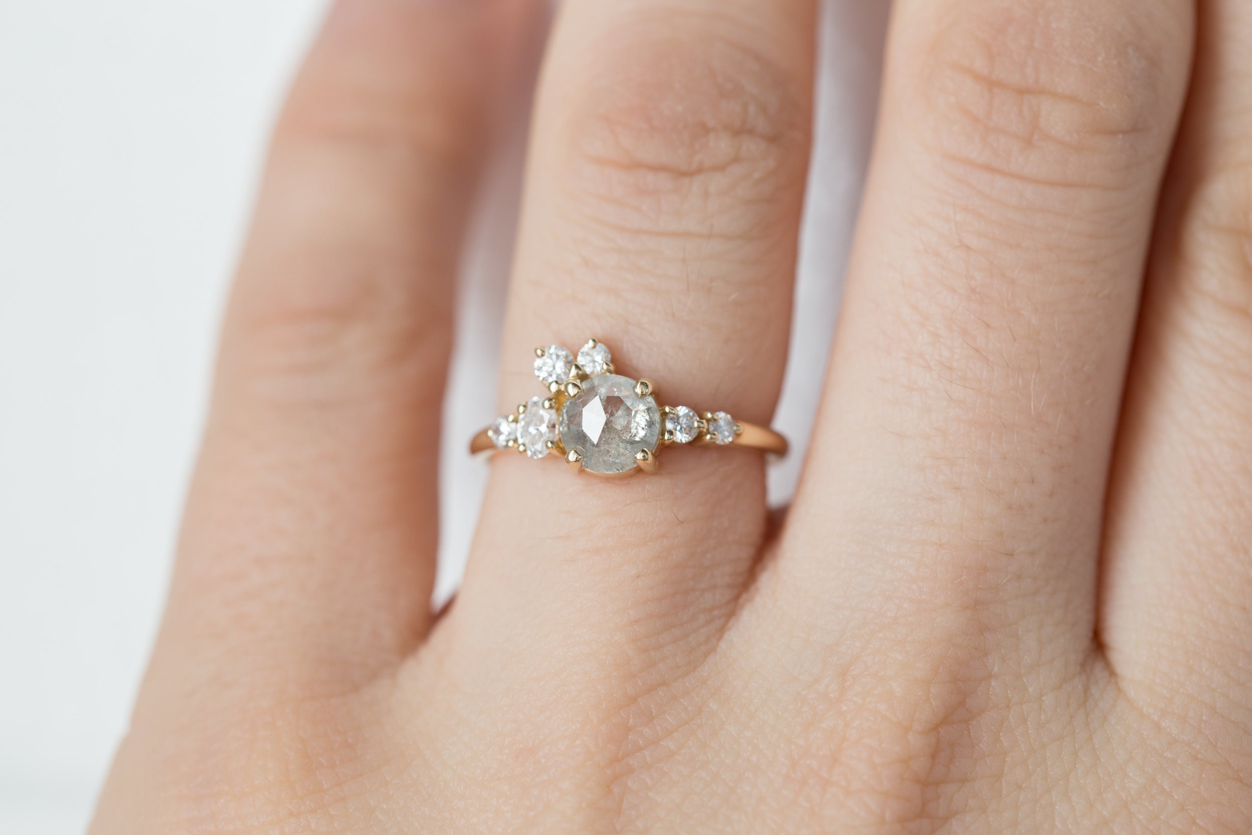 Silver Grey Rustic Rose Cut Diamond Round + Diamond Cluster Ring | Limited Edition | 14k Recycled Gold