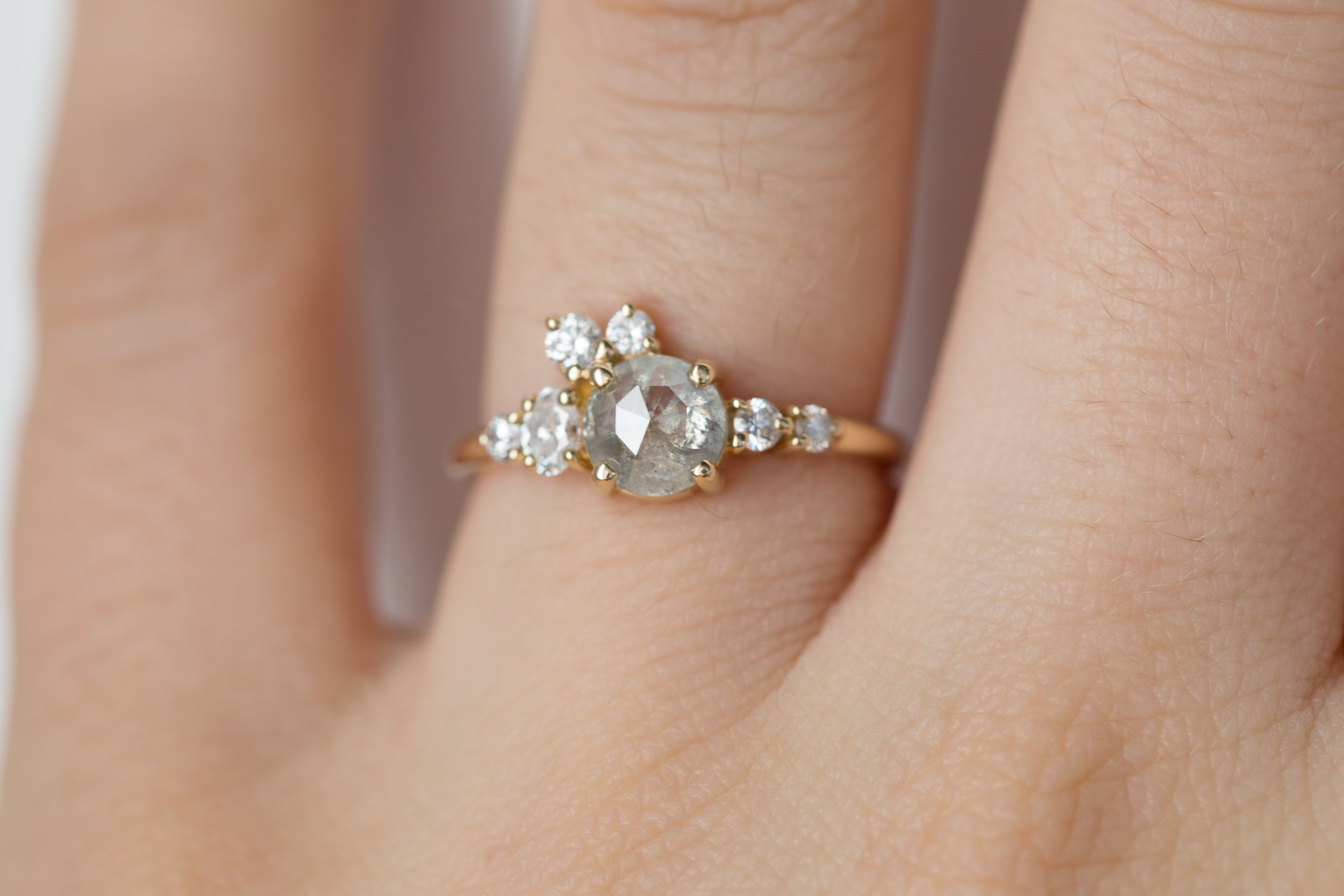 Silver Grey Rustic Rose Cut Diamond Round + Diamond Cluster Ring | Limited Edition | 14k Recycled Gold