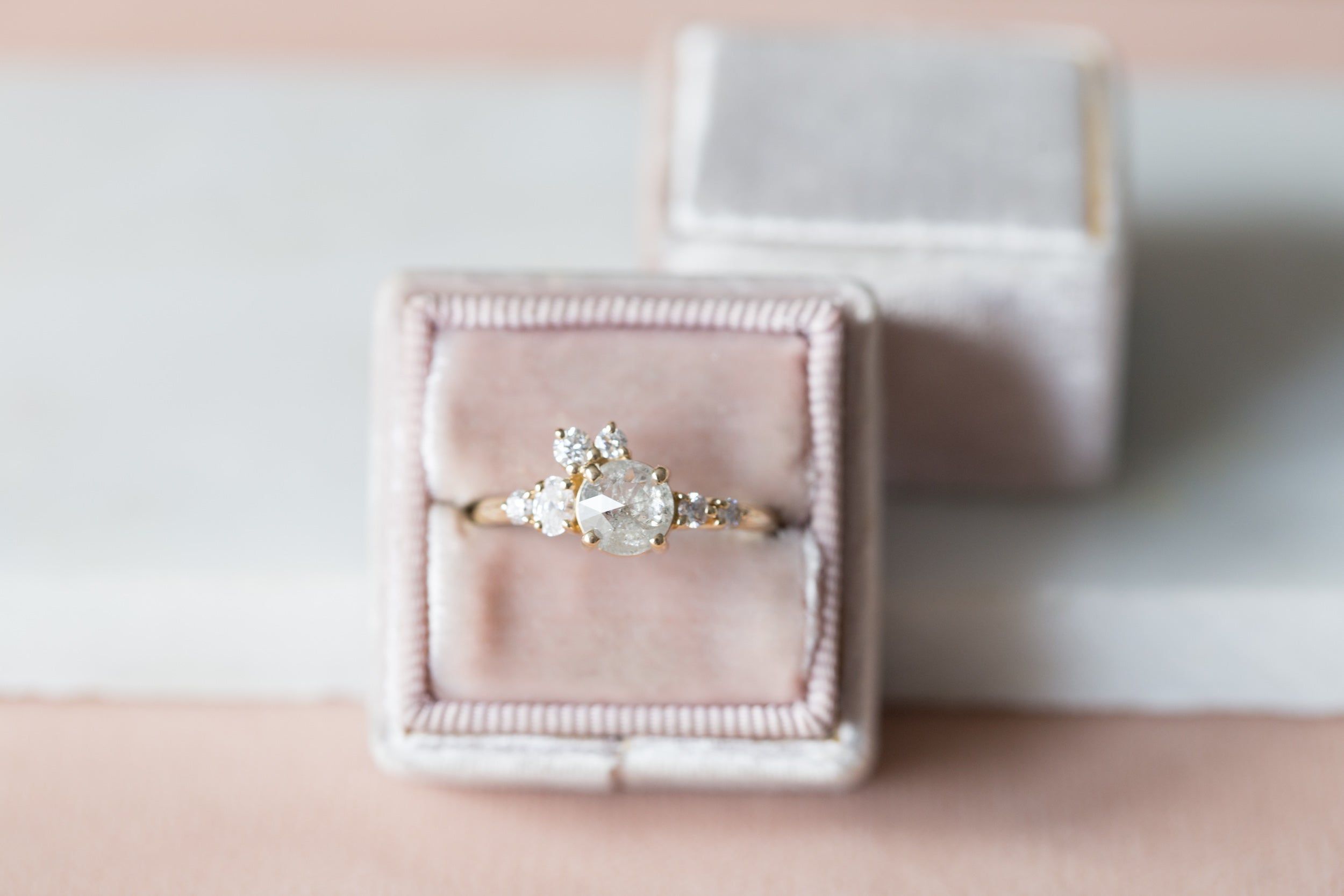 Silver Grey Rustic Rose Cut Diamond Round + Diamond Cluster Ring | Limited Edition | 14k Recycled Gold