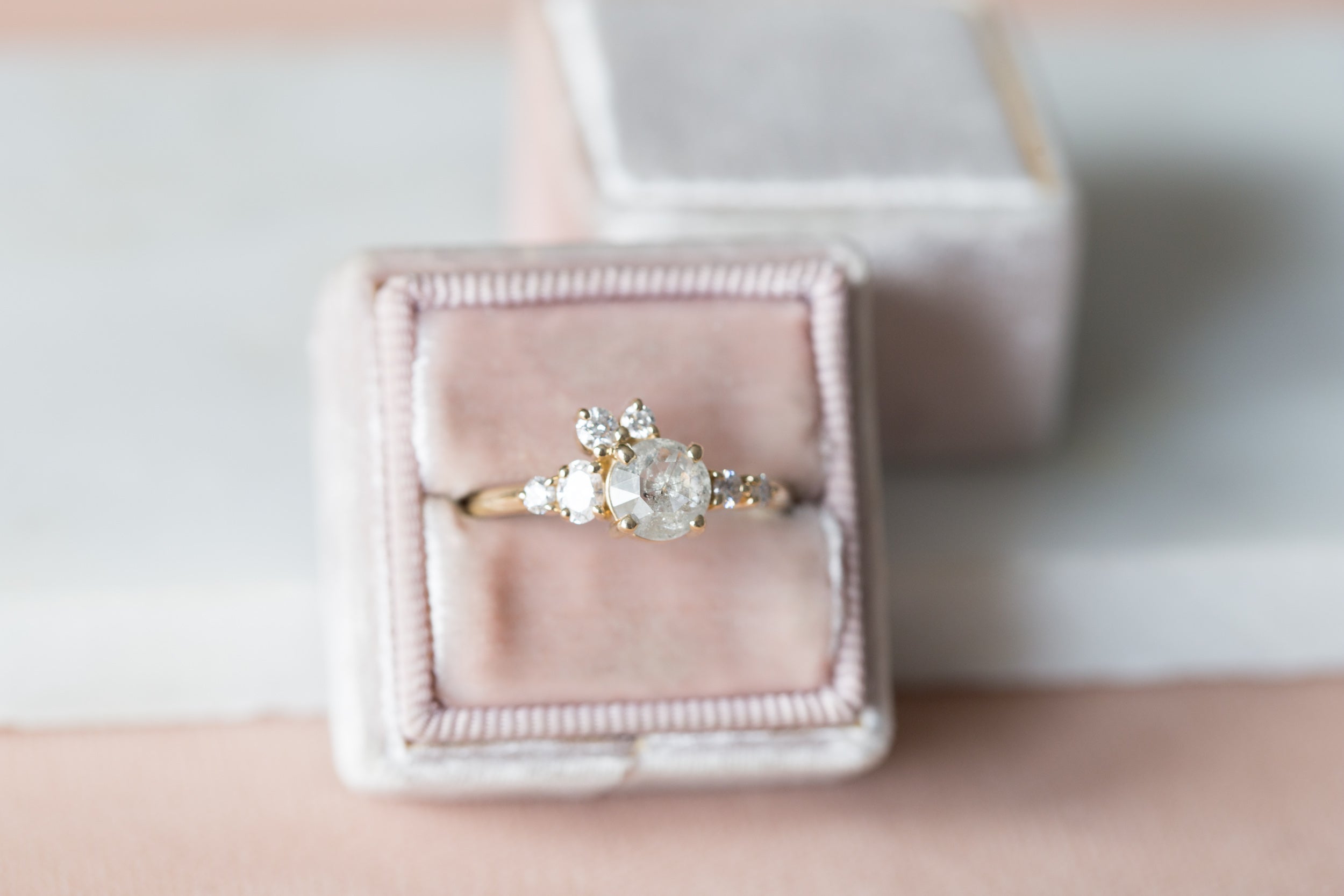 Silver Grey Rustic Rose Cut Diamond Round + Diamond Cluster Ring | Limited Edition | 14k Recycled Gold