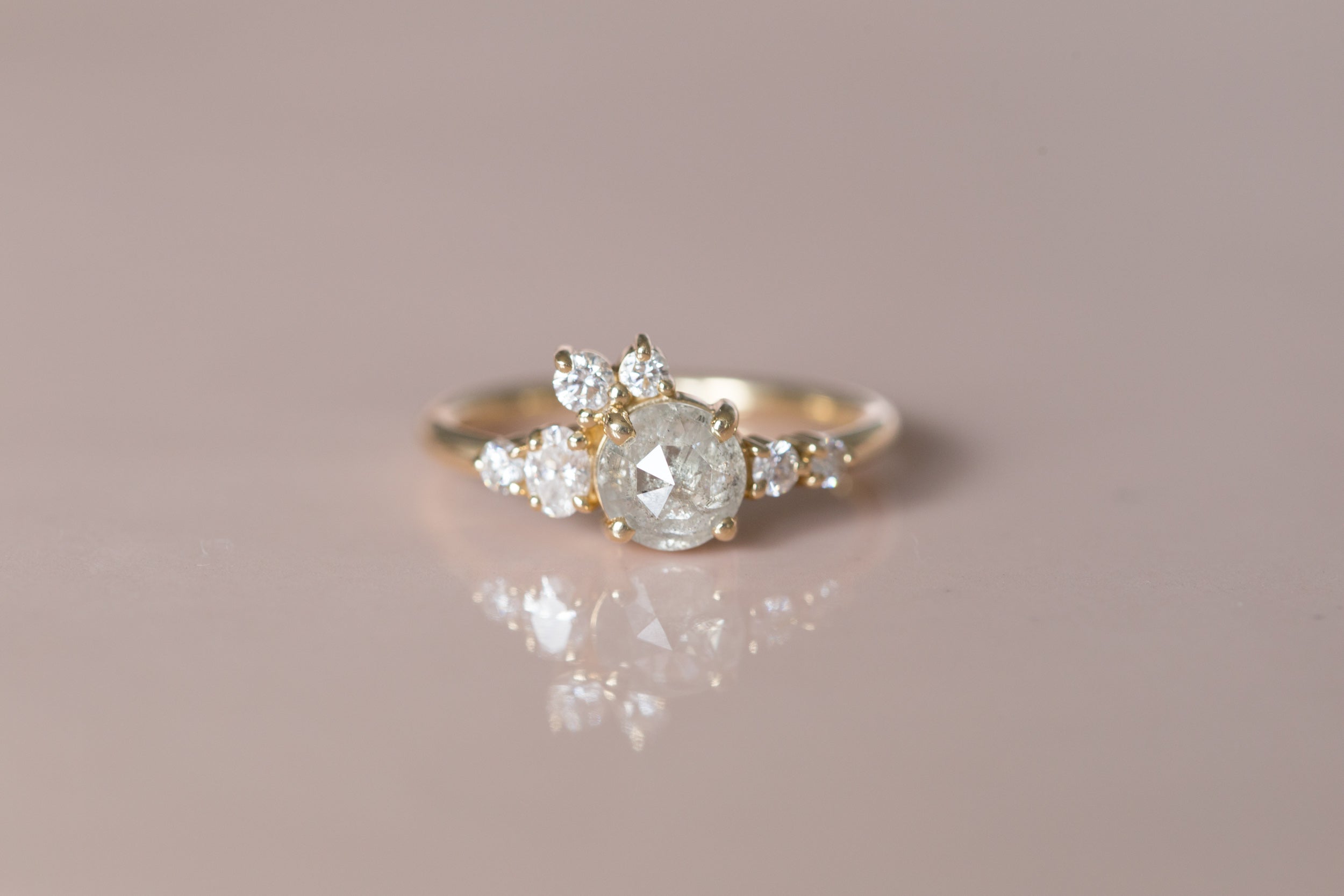 Silver Grey Rustic Rose Cut Diamond Round + Diamond Cluster Ring | Limited Edition | 14k Recycled Gold