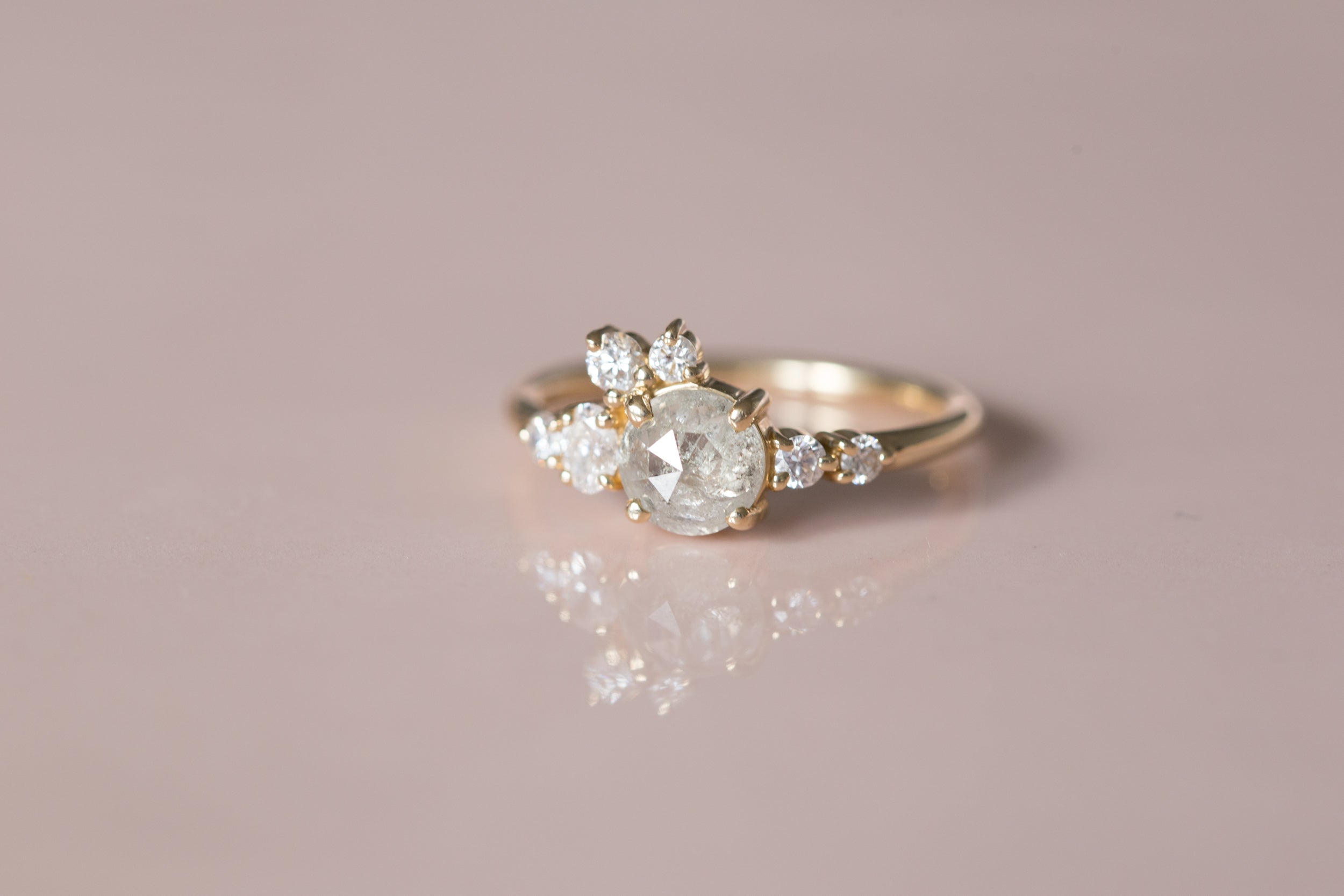 Silver Grey Rustic Rose Cut Diamond Round + Diamond Cluster Ring | Limited Edition | 14k Recycled Gold