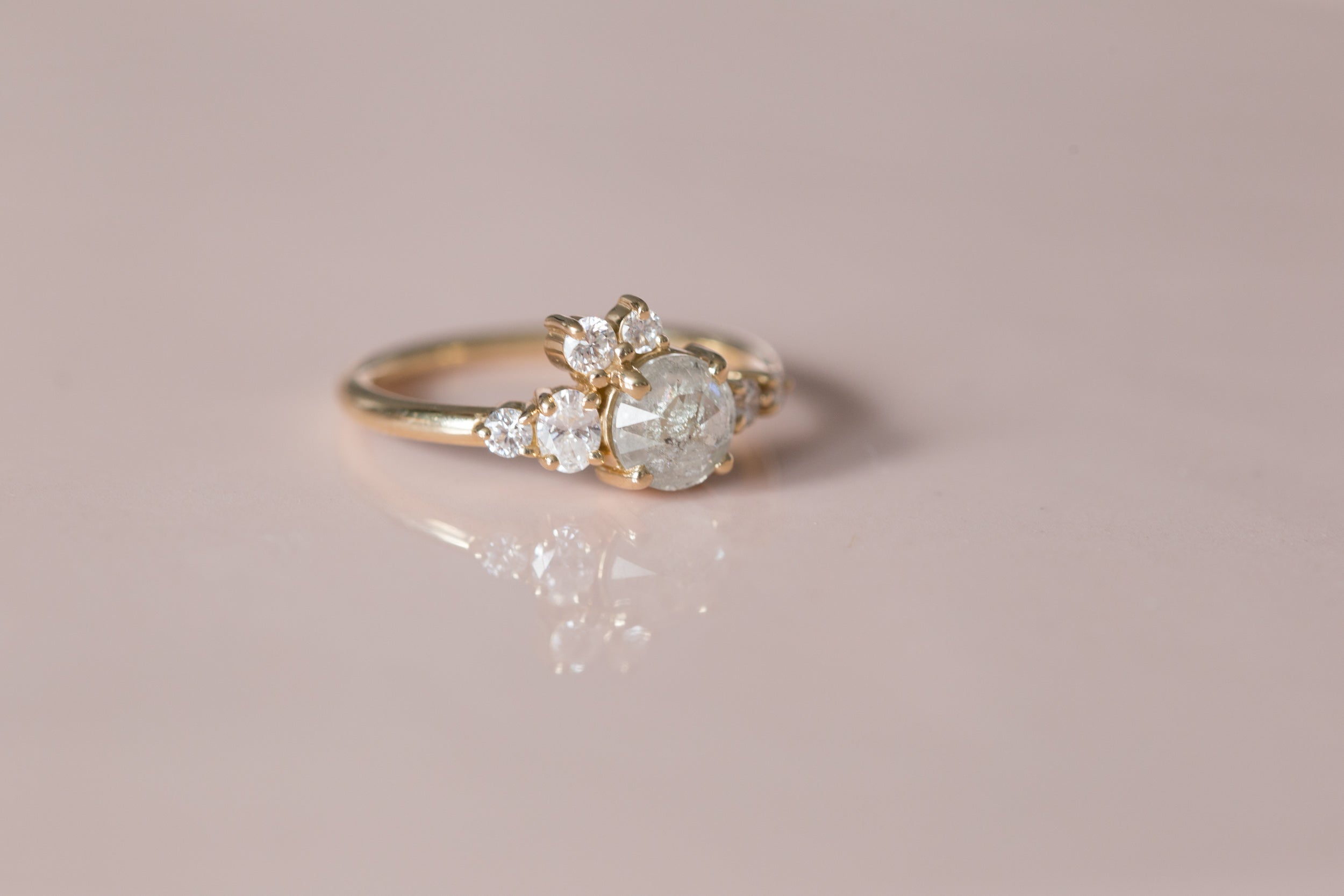 Silver Grey Rustic Rose Cut Diamond Round + Diamond Cluster Ring | Limited Edition | 14k Recycled Gold